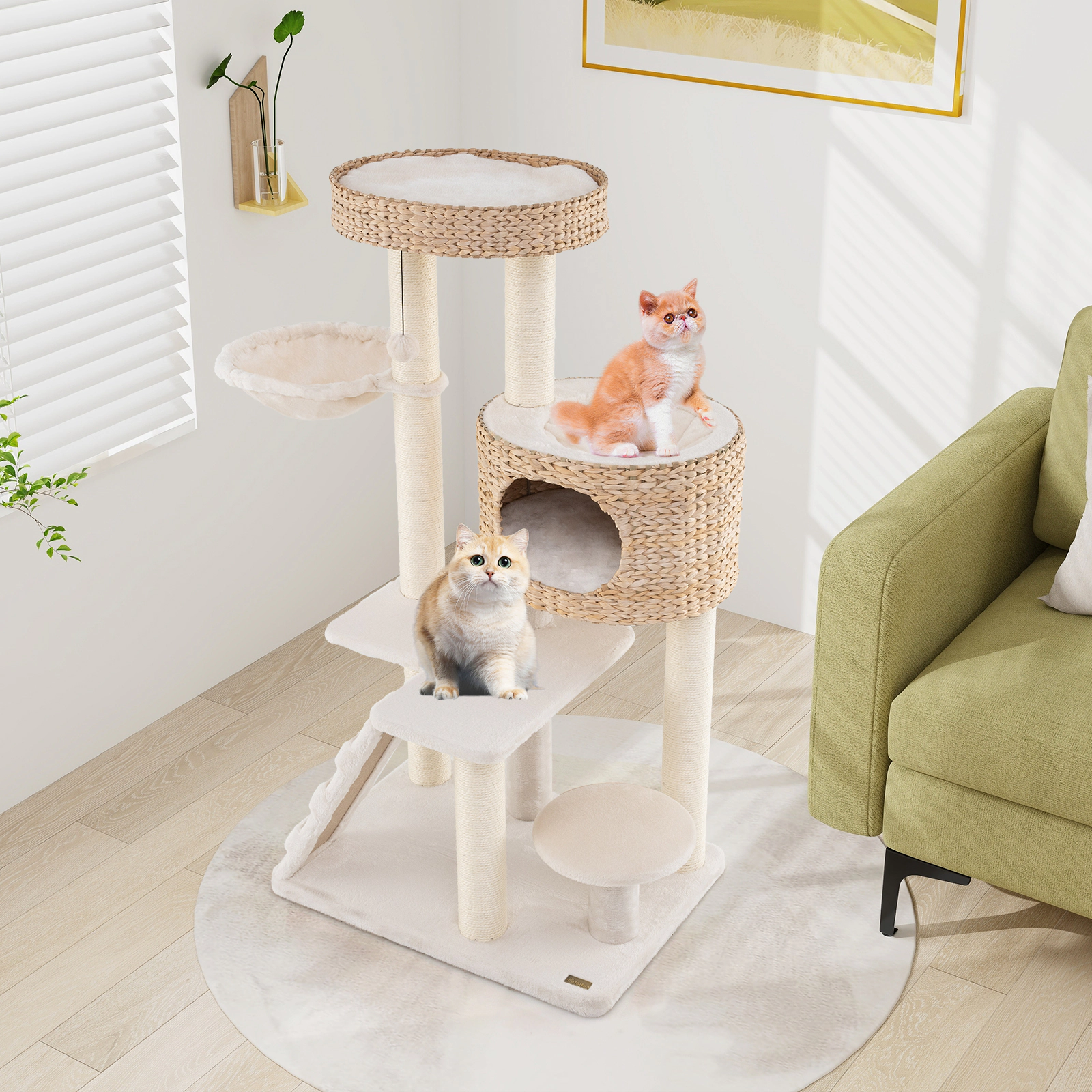 SUGIFT 50 in Modern Cat Tree Natural with Cattail Fluff Condo Hanging Basket and Top Perch