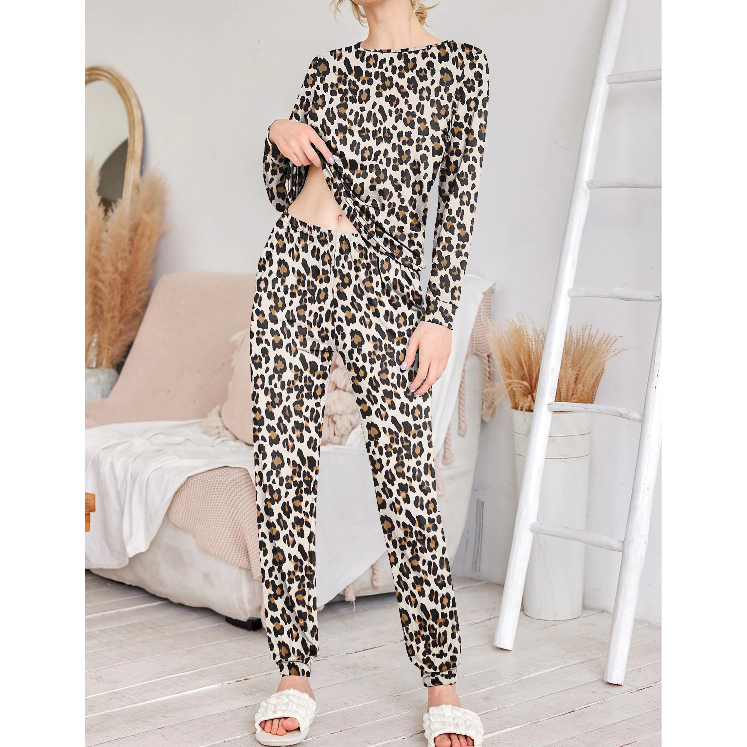 Ekouaer Women Crew Neck Long Sleeve 2 Piece Pajama Set With Handy Side Pockets