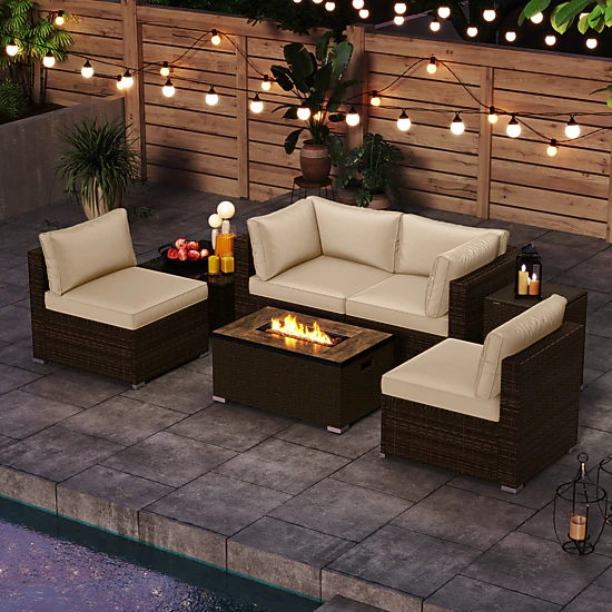 SUGIFT 7-Piece Outdoor Conversation Set with 32-in Fire Pit Table 256 ...