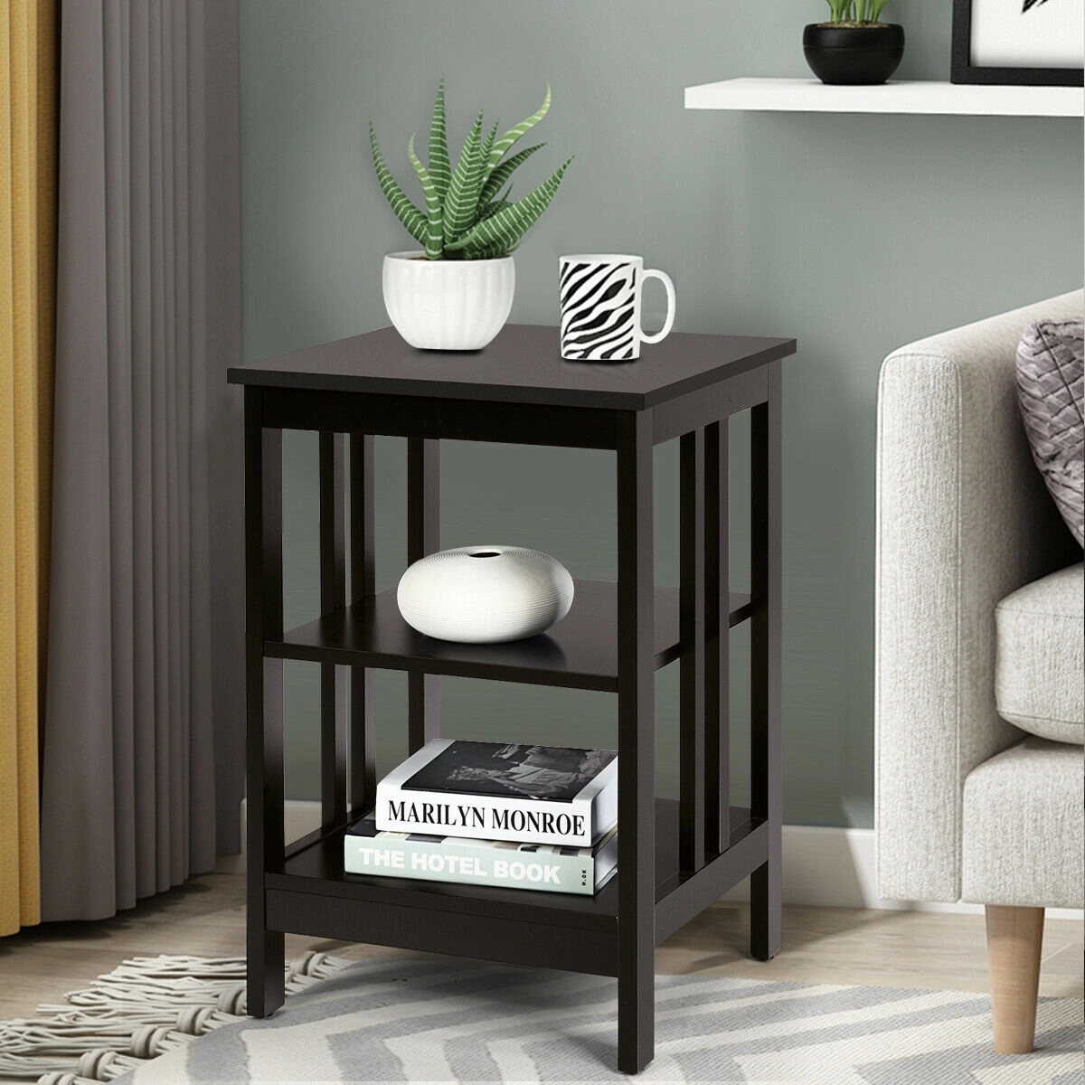 Glintex 3-Tier Side Table with Raised Shelf Baffles and Rounded Corners, Dark Brown