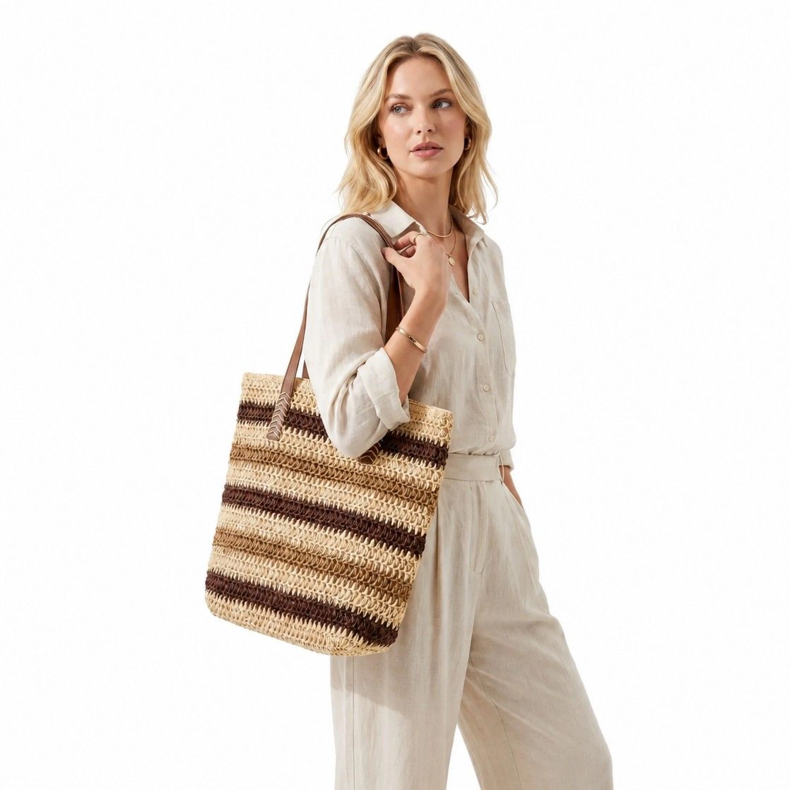 Alilang Women's Coastal Stripe Woven Tote Bag with Zip Top Shoulder Handles and Slip Pocket