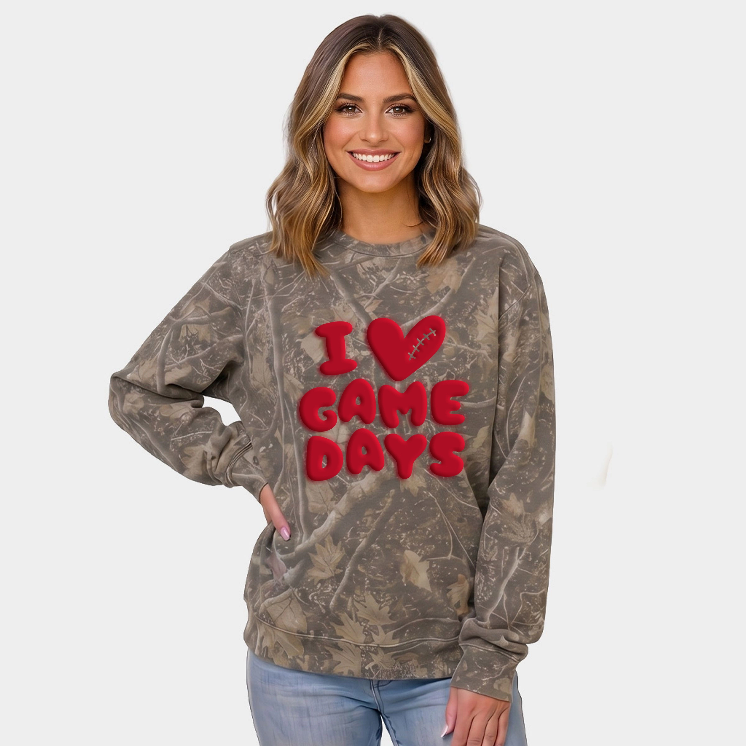 Simply Sage Market - Women's Camo Sweatshirt I Love Game Days Puff Print