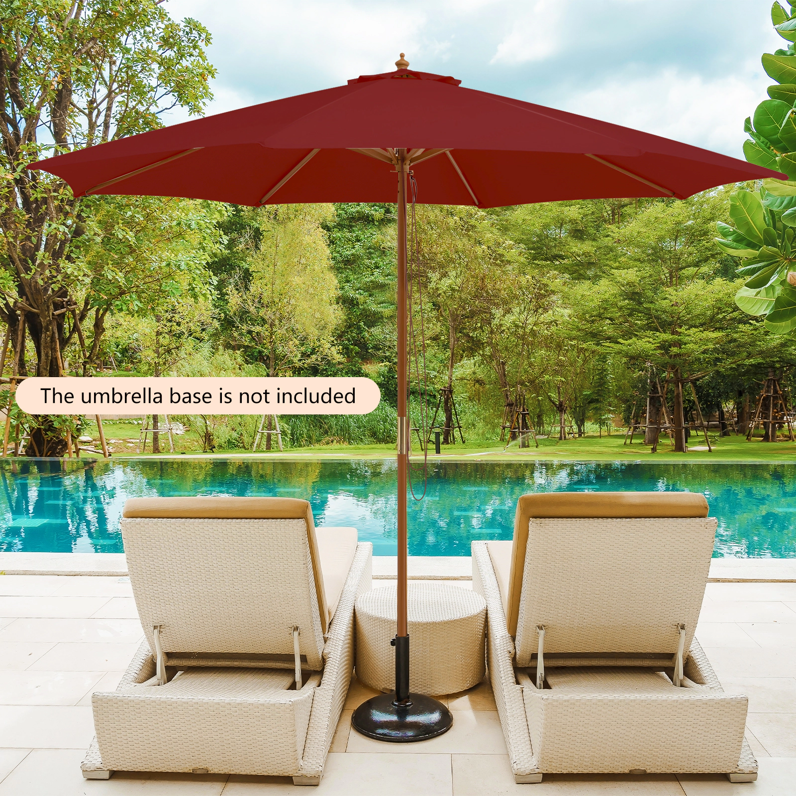 SUGIFT 10-ft Wine Patio Umbrella with Wooden Pole 8 Bamboo Ribs and 3 Adjustable Heights 8.6-ft H