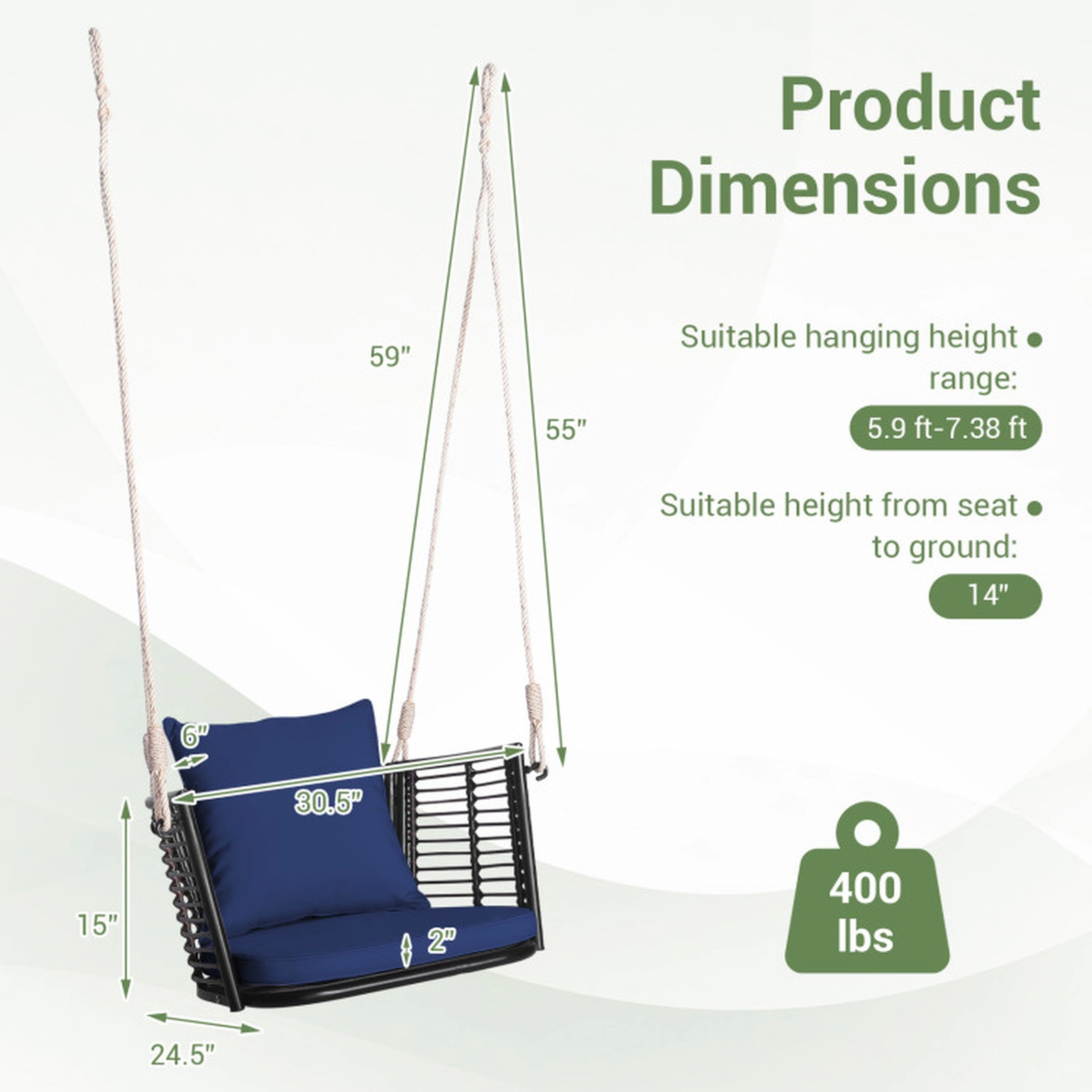 SUGIFT Single Person Hanging Seat Swing 400-lb Capacity with Seat and Back Cushions Blue