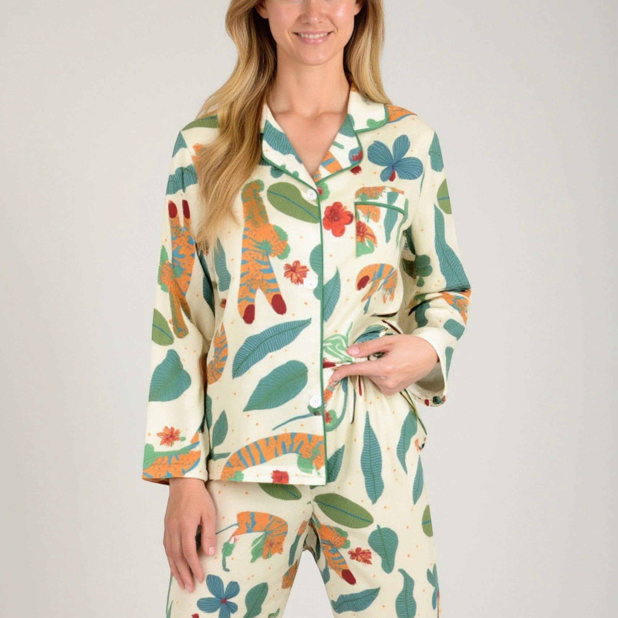 Anna-Kaci Women's Long Sleeve Button Up Jungle Print Pajama Set with Chest Pocket and Matching Pants