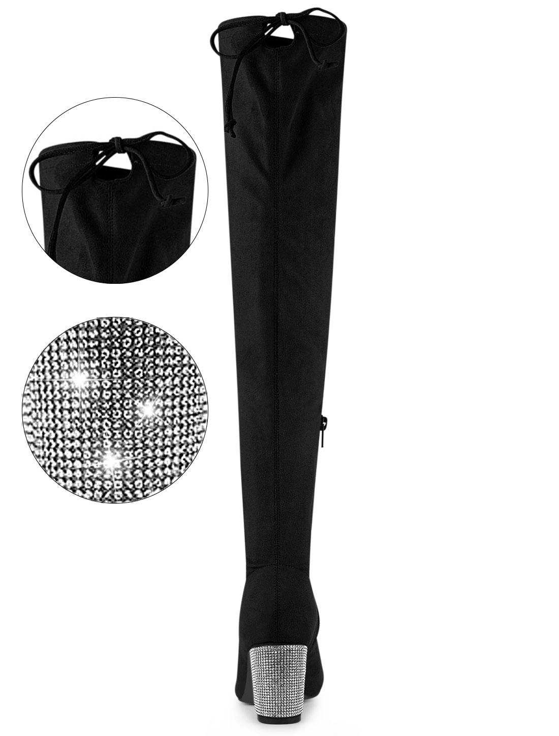 BLISSFUL STEP Women Bling Rhinestone Chunky Heels Over the Knee High Boots