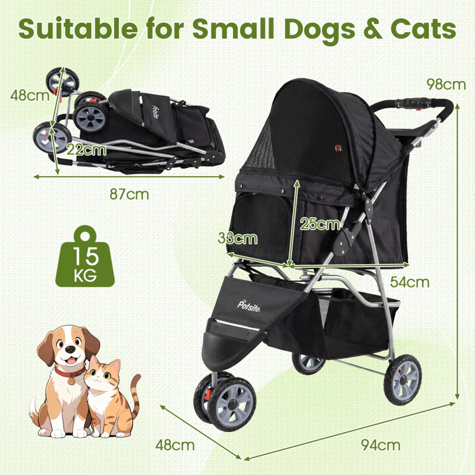 SUGIFT 3-Wheel Pet Stroller Pet Bed for Small Dogs and Cats 33-lb Capacity Black/Beige