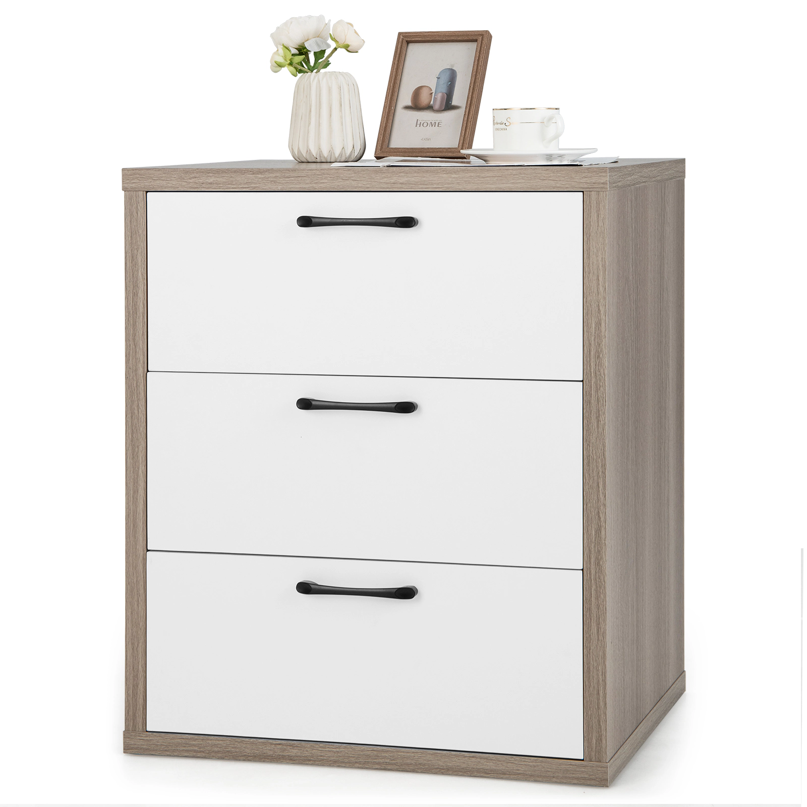 Glintex 3-Drawer Dresser Nightstand with 110-Lb Tabletop and Metal Slide Rails, Gray