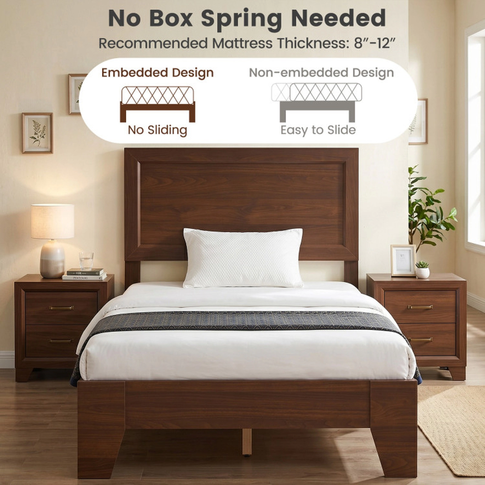 SUGIFT Twin Size Platform Bed Frame with Mid-Century Headboard 500-lb Capacity White/Walnut