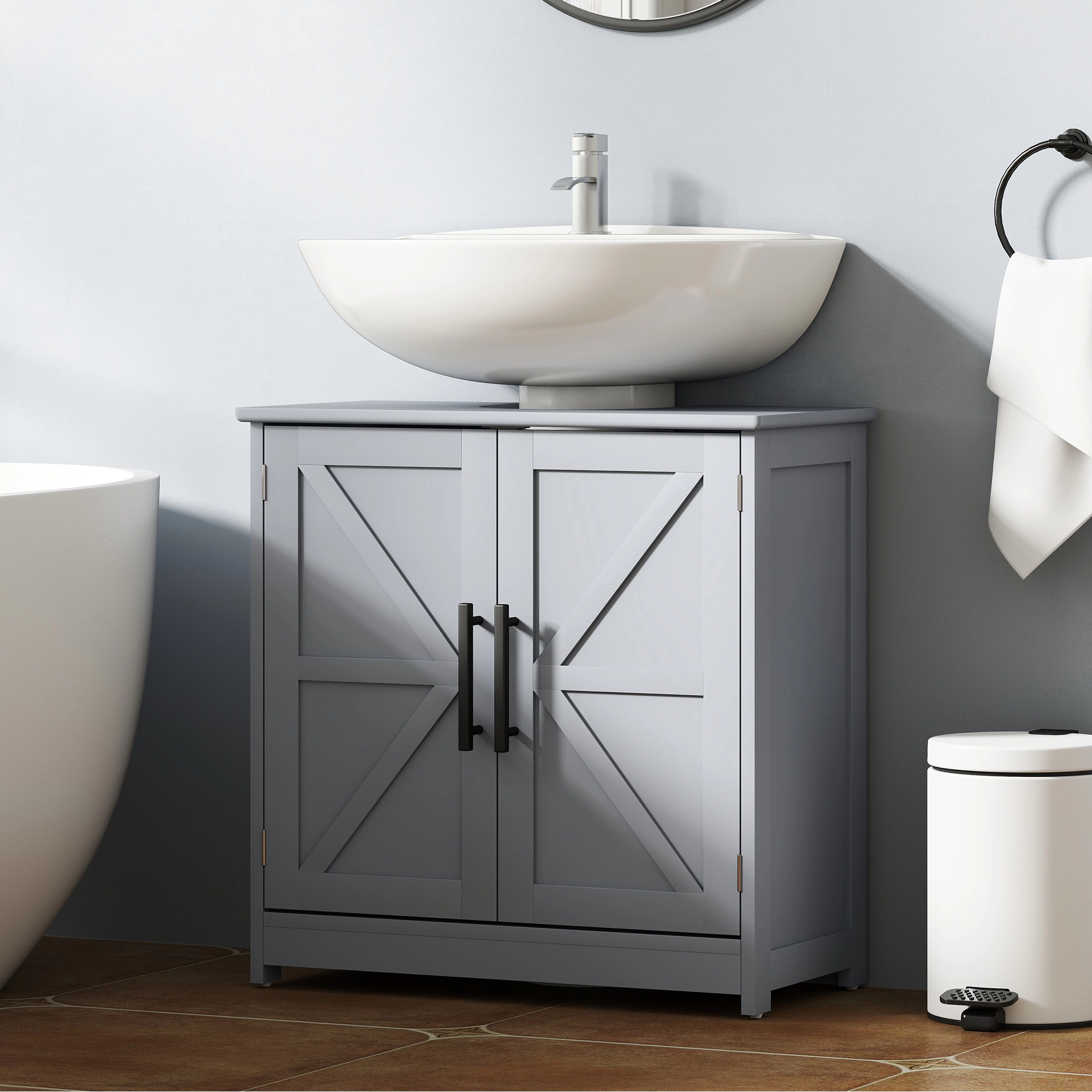 HONGGE Farmhouse Pedestal Sink Storage Cabinet Bathroom with 2 Barn Doors and Adjustable Shelf Gray