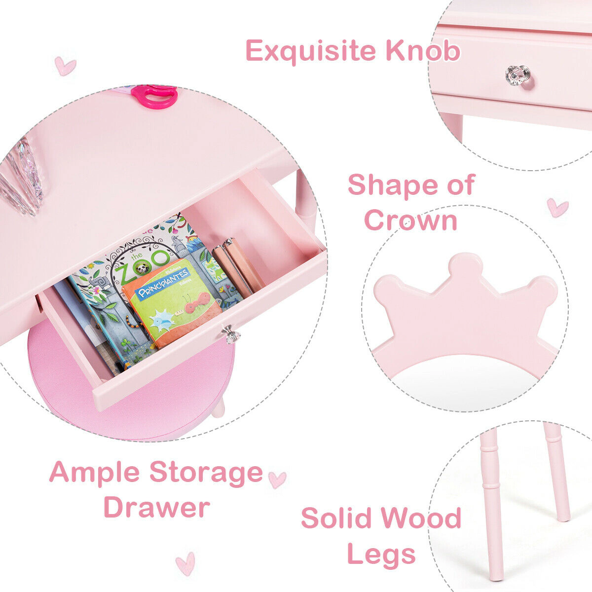 SUGIFT Pink Kids Vanity Table and Stool Set with Mirror, Cushion and Drawer