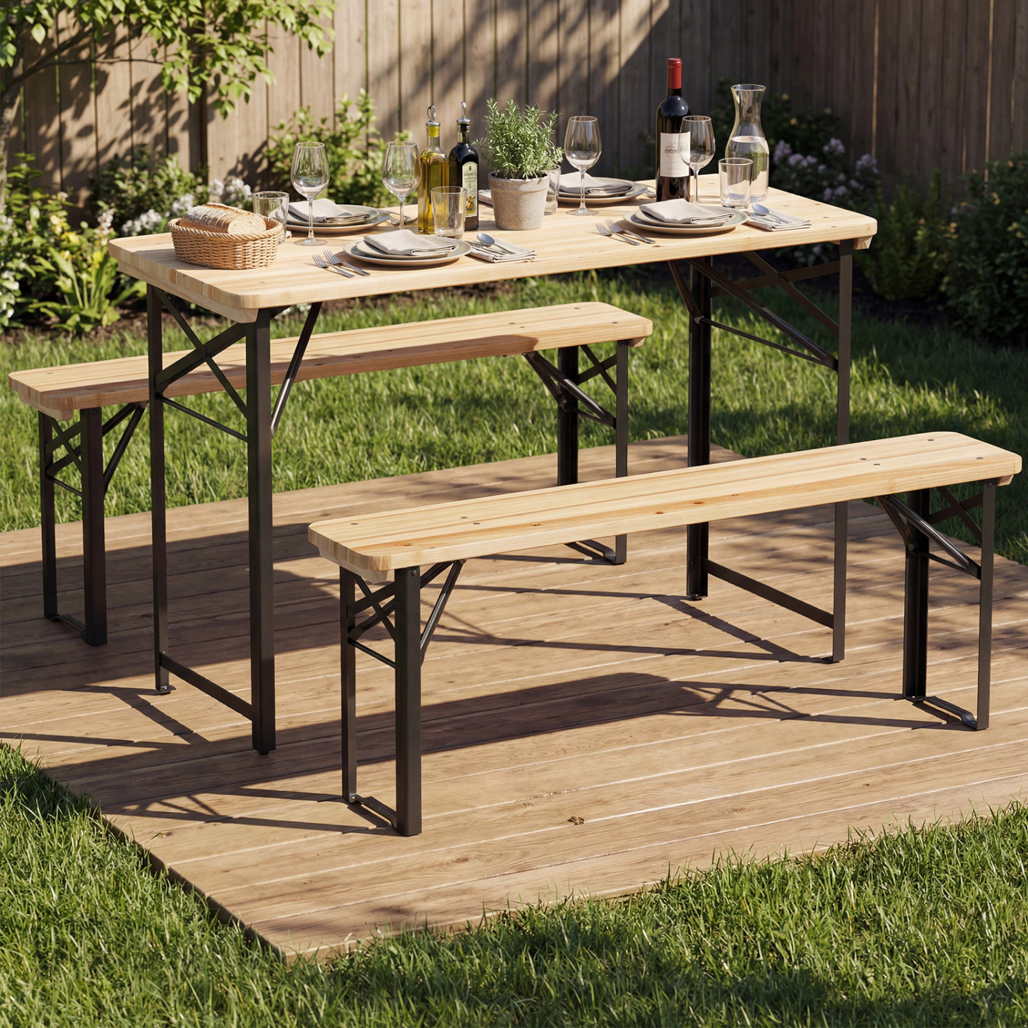 LJG 3-Piece Folding Picnic Table with Benches Fir Wood Portable Bear Camping SET