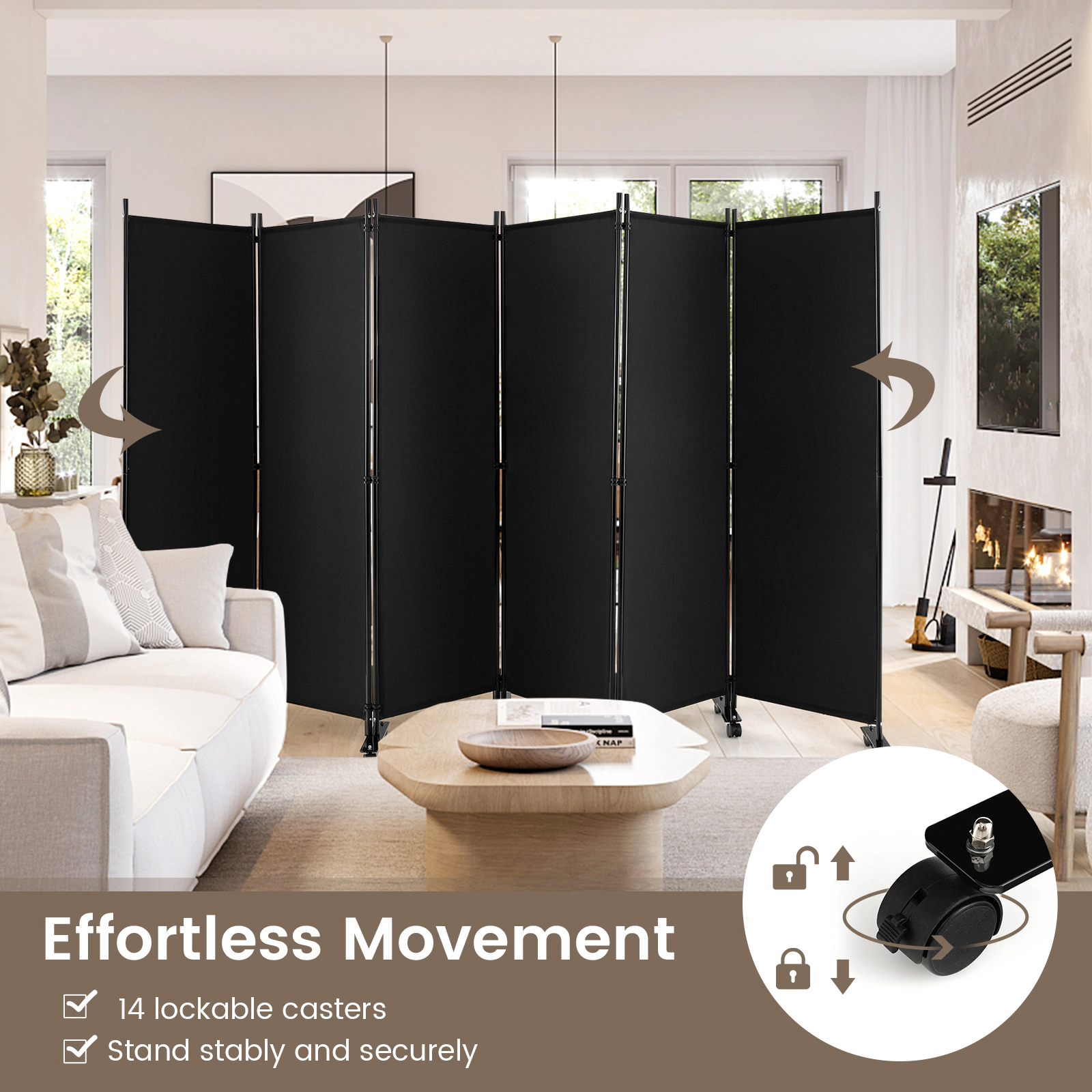 SUGIFT 6-Panel Metal Frame Polyester Panels Rolling Room Divider 132-in x 68-in 1.5-in Wheels 28-lb Black