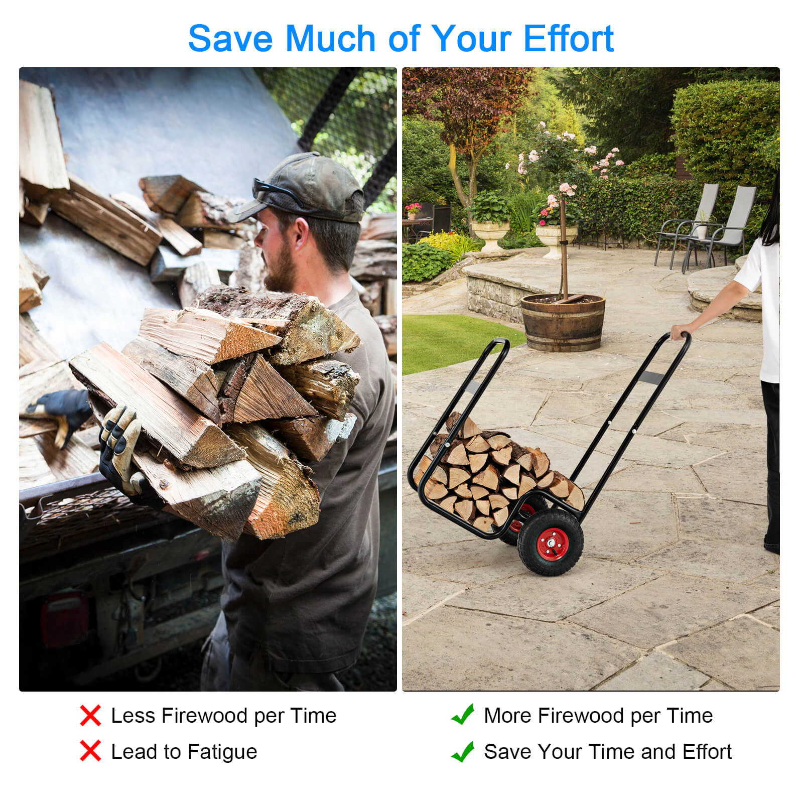 SUGIFT Steel Firewood Log Cart Carrier and Rack with 220-lb Frame Capacity Black