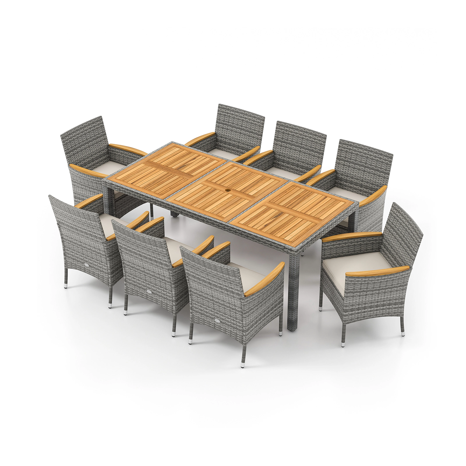 SUGIFT White Acacia Wood Table for Deck and Garden Off 9-Piece Patio PE Wicker Dining Set