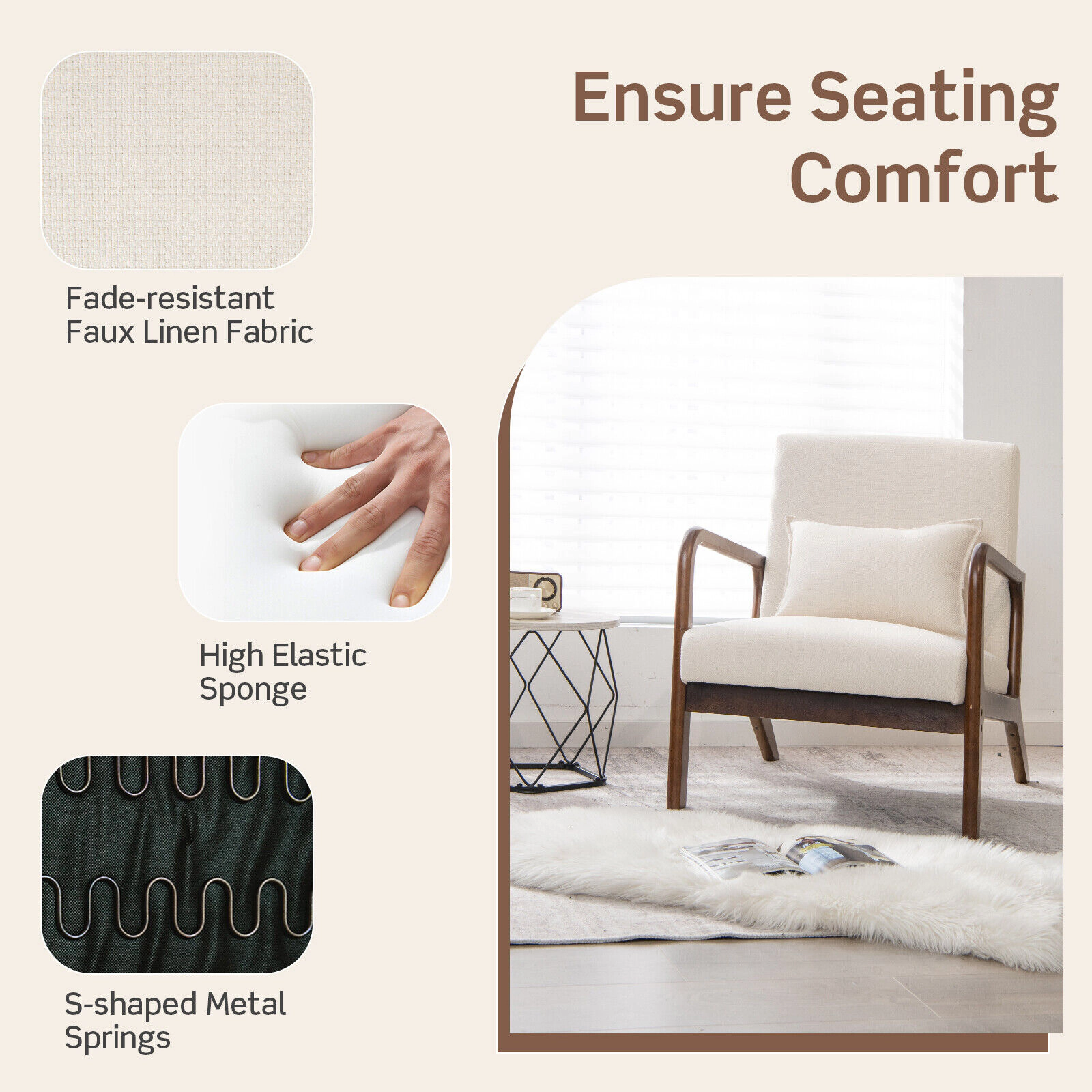 SUGIFT Beige 330-lb Capacity Faux Linen Modern Accent Chair with Rubber Wood Frame Armrests and Lumbar Pillow