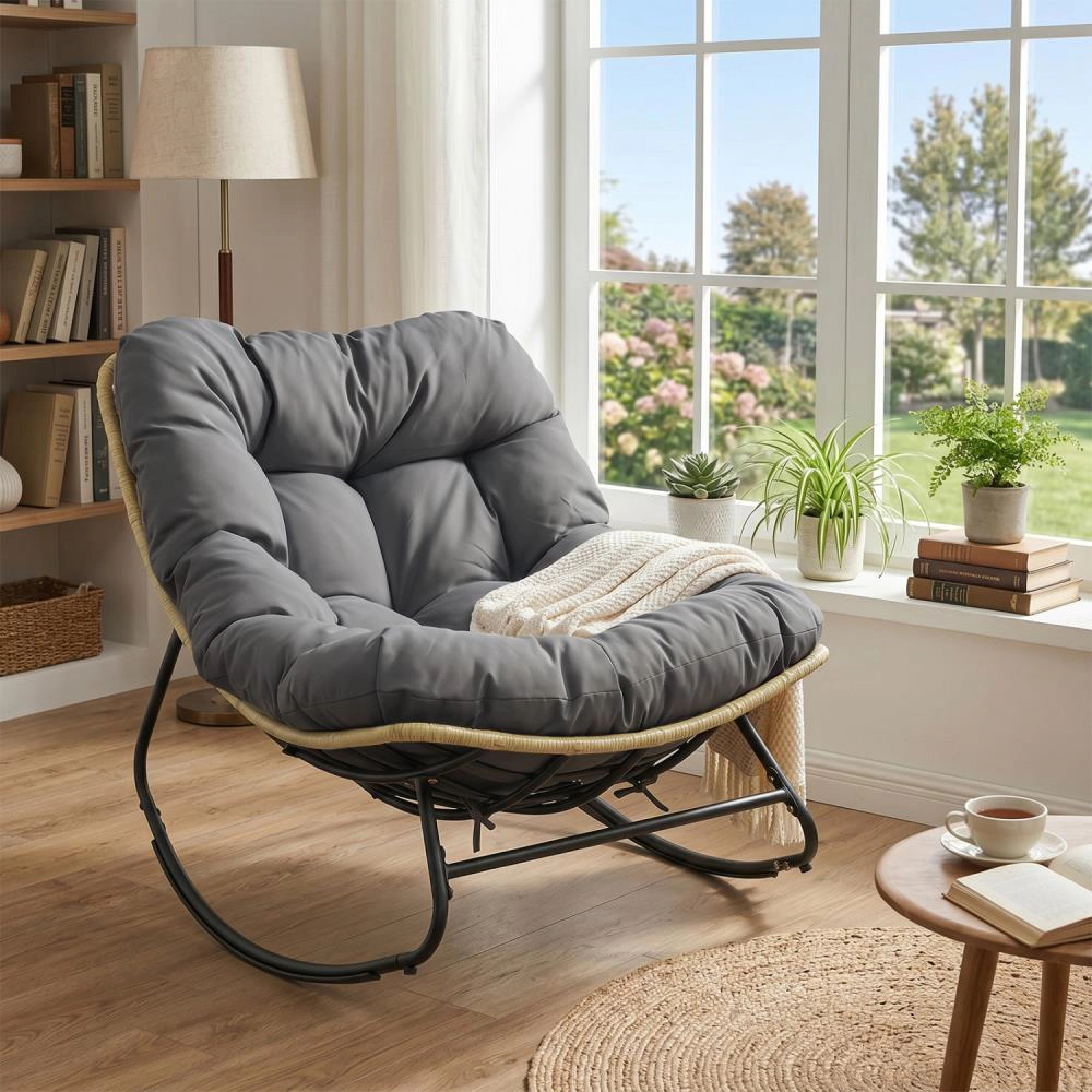 Hivvago Outdoor Papasan Rocking Chair With Thick Cushioned Seat For Patio