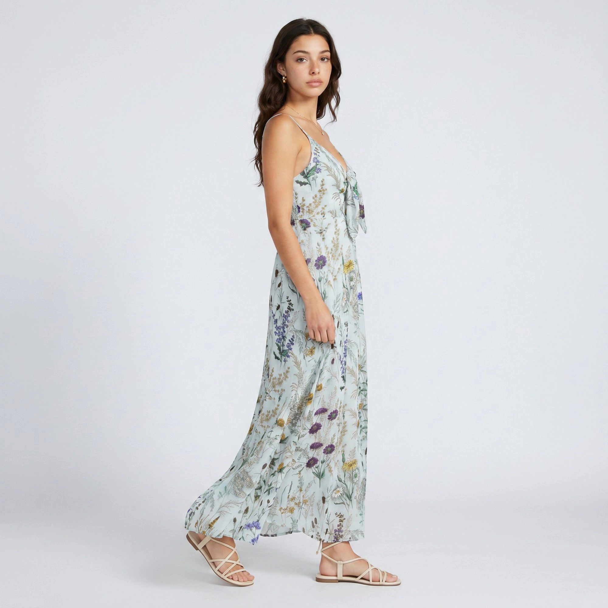 Anna-Kaci Women's Floral Print Tie Front Spaghetti Straps Maxi Dress