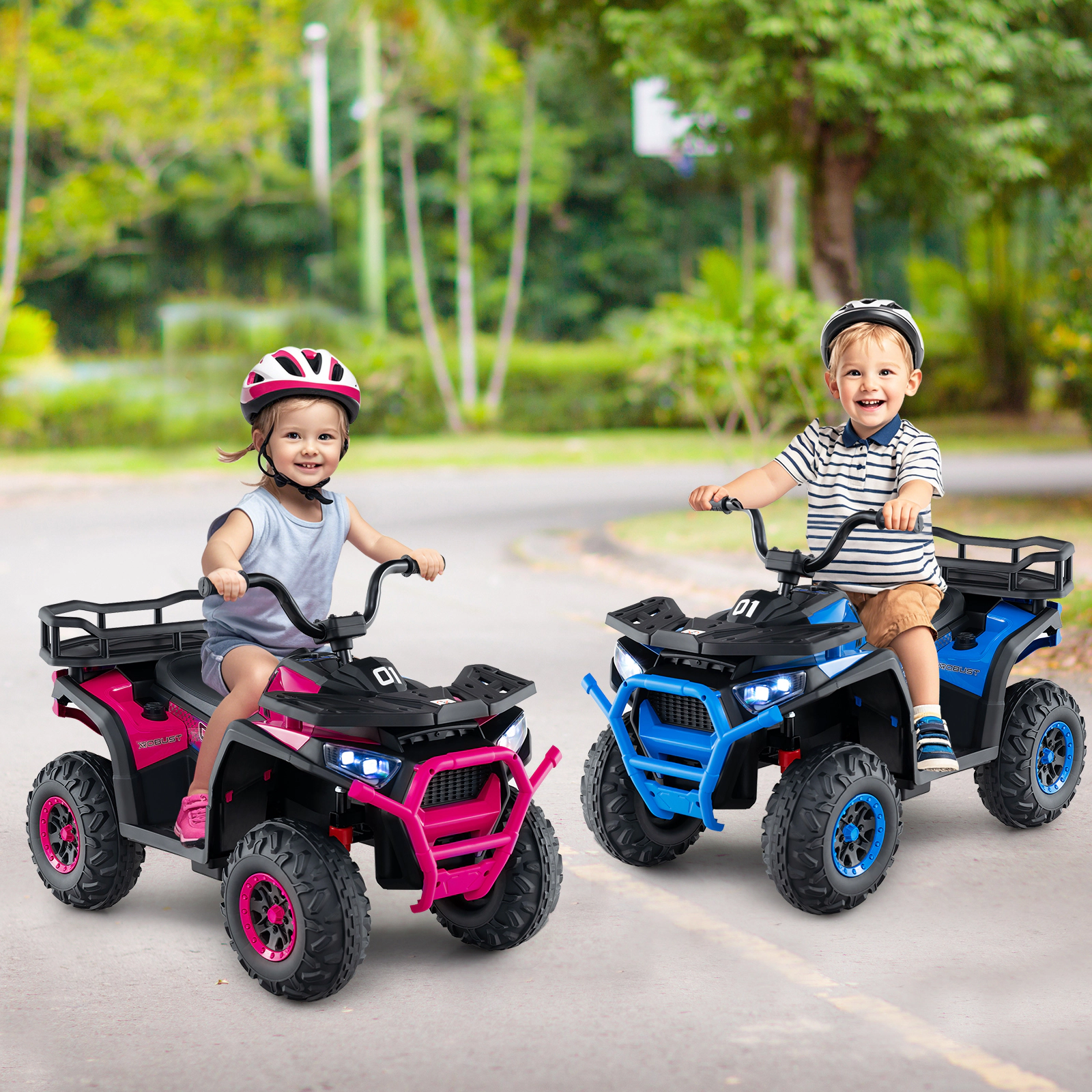 24V Kids Ride on ATV Quad 4-Wheeler Dual 25W Motors Shock Absorption LED Lights FM Radio Ages 3+ 66-lb Capacity
