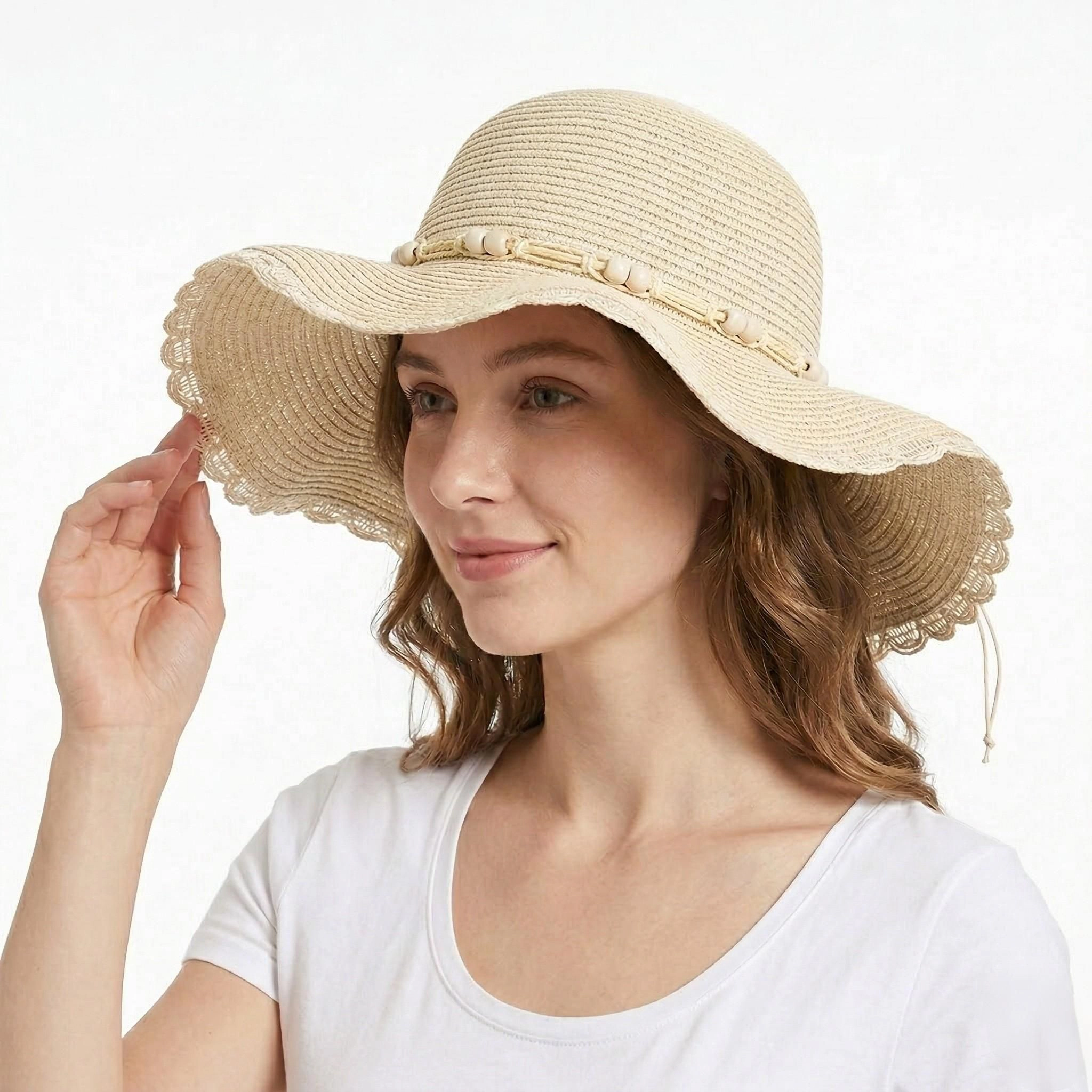 Anna-Kaci Women's Women Straw Sun Hat Wide Brim Floppy Beach Woven Scalloped Edge Adjustable Summer