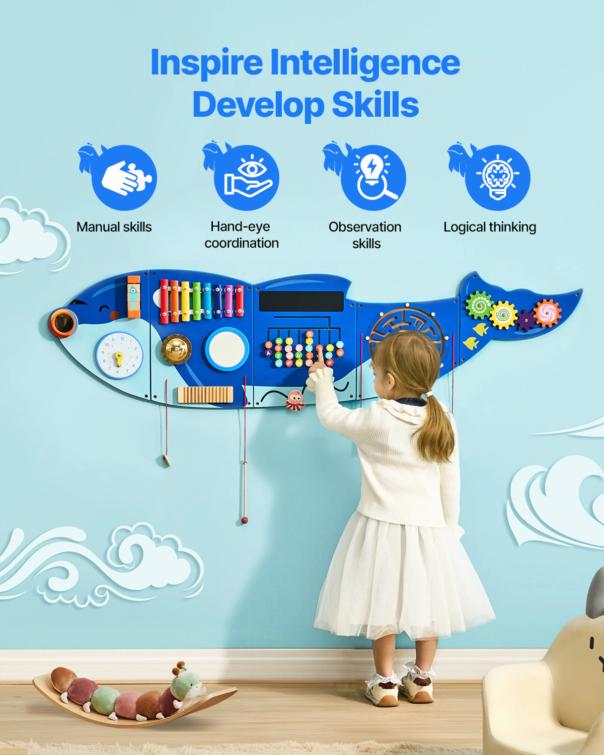 HONGGE Orca Wall Busy Board with 12 Activities, Montessori Sensory Learning Panel for Kids Ages 3 to 12
