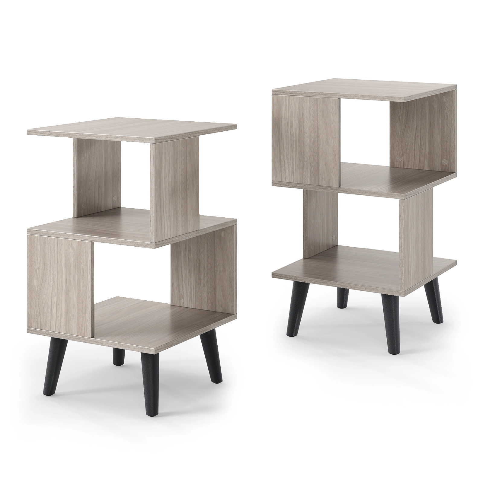 Slickblue 2 Piece End Table Set 16 Inch Square Nightstand with 2 Open Shelves Grey