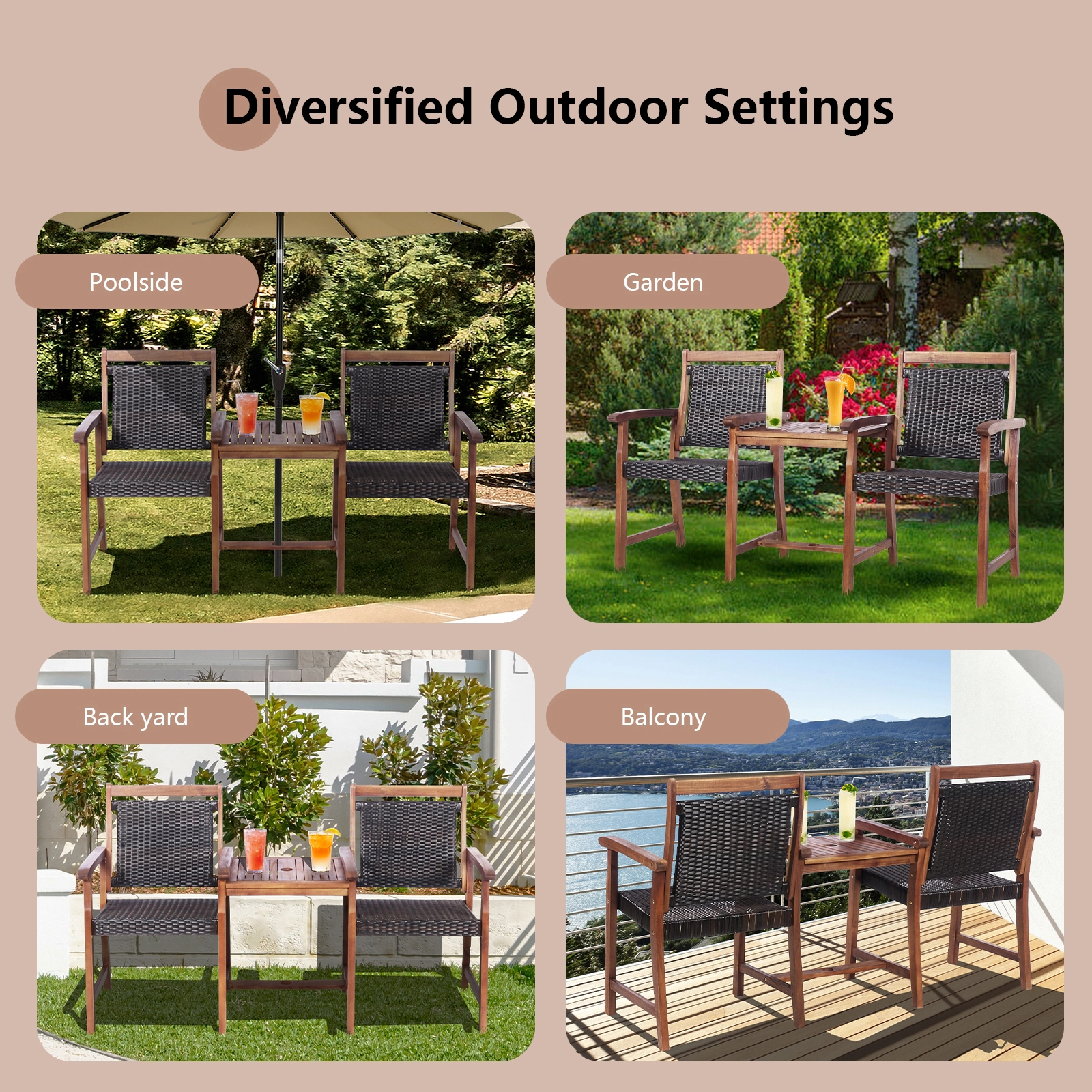 SUGIFT Reddish Brown 2-Seat Patio Bench with Center Table and Umbrella Hole