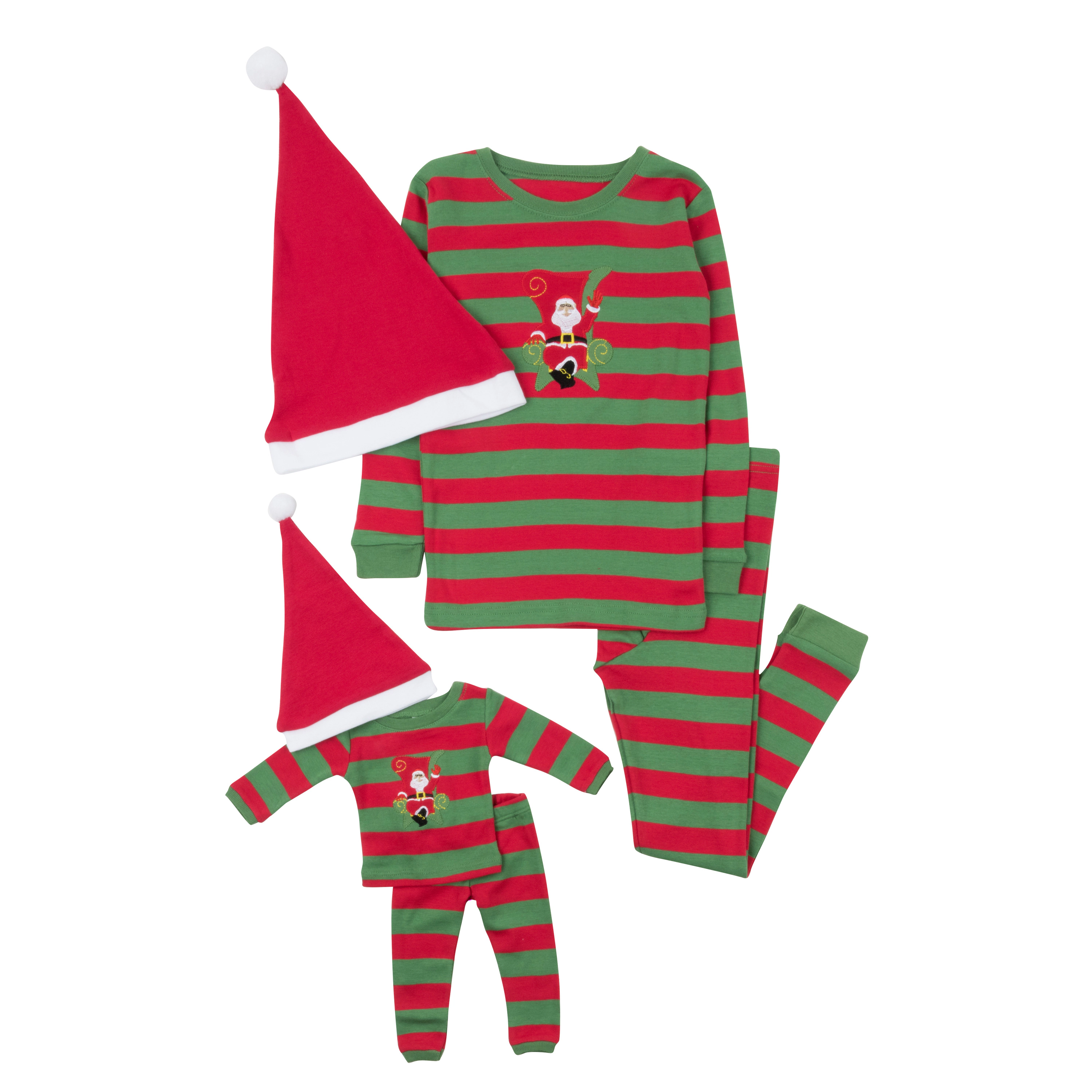 Leveret Girl & Doll Matching Cotton Christmas Striped Pajama Set with Santa Hat
