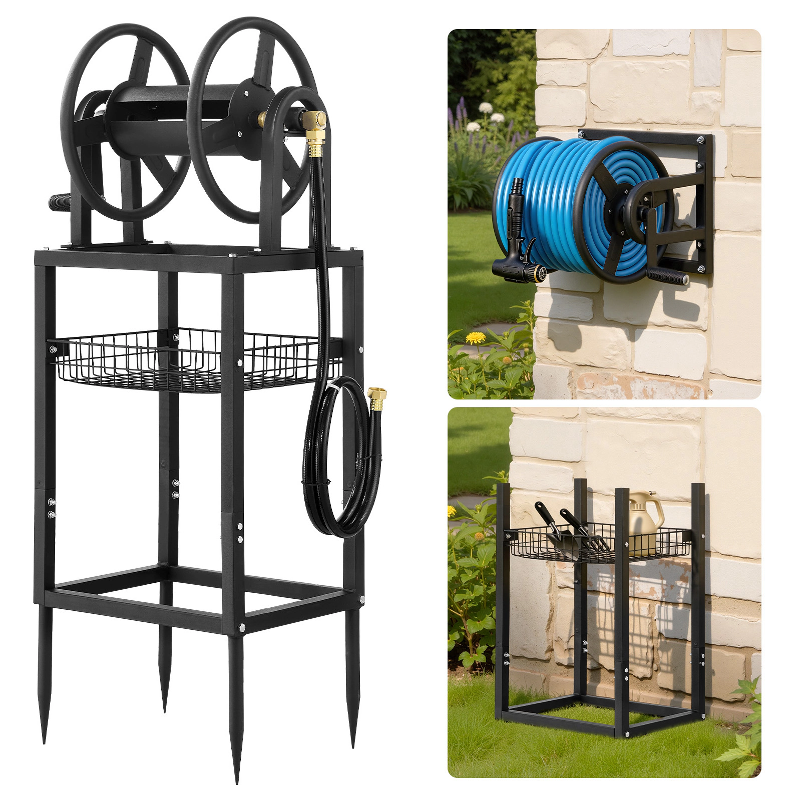 HONGGE Freestanding Garden Hose Reel, Holds 125 ft of 5/8-inch Hose, Wall or Ground Mount, 4-Spike Base
