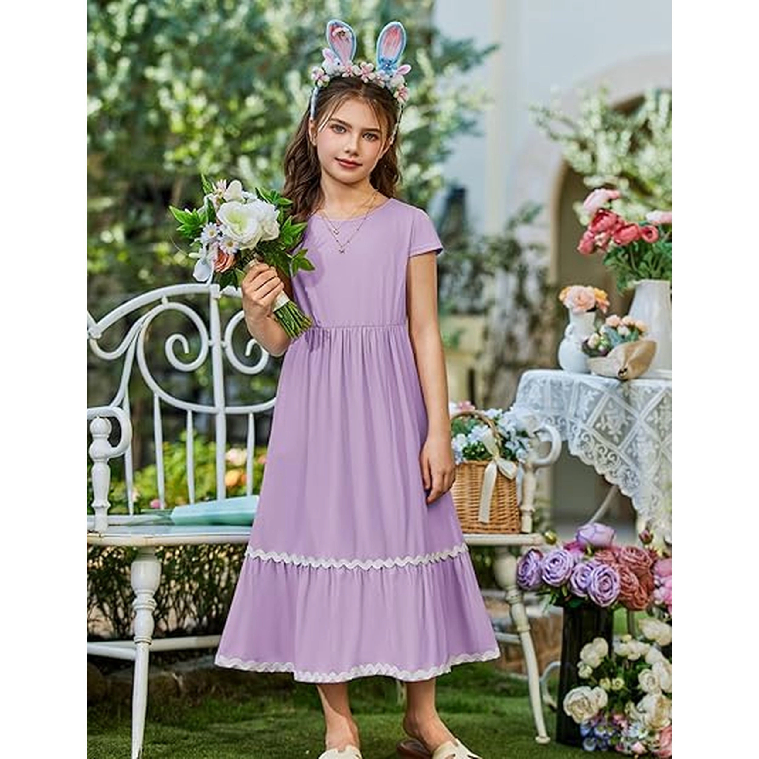 Arshiner Girl's Short Sleeve Flowy Tiered Maxi Dress