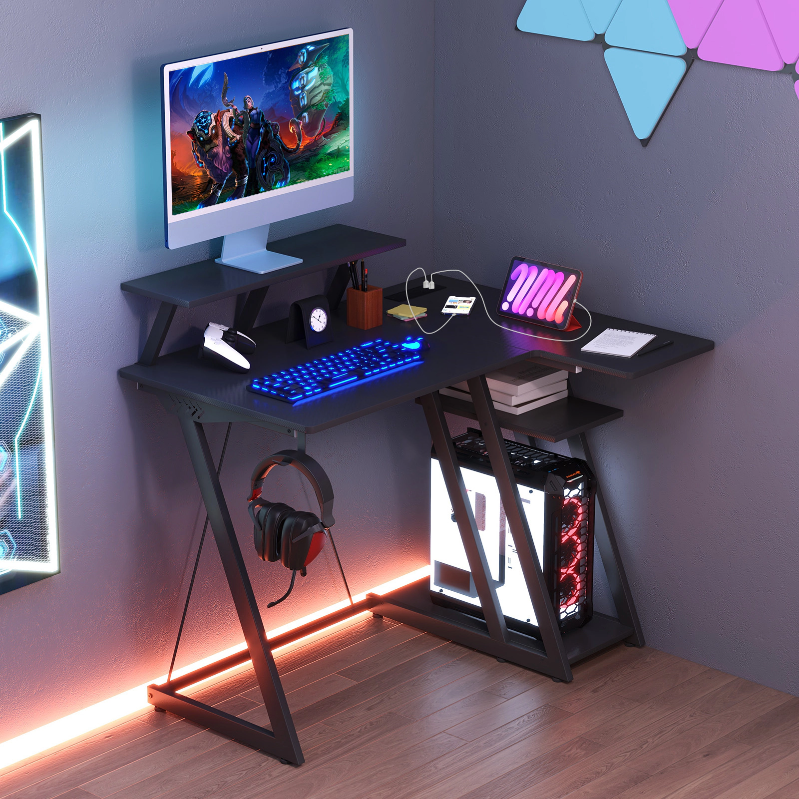 SUGIFT L Shaped Gaming Desk with Monitor Stand, Outlets and USB Ports 200-lb Tabletop Capacity 39-in Wide Black