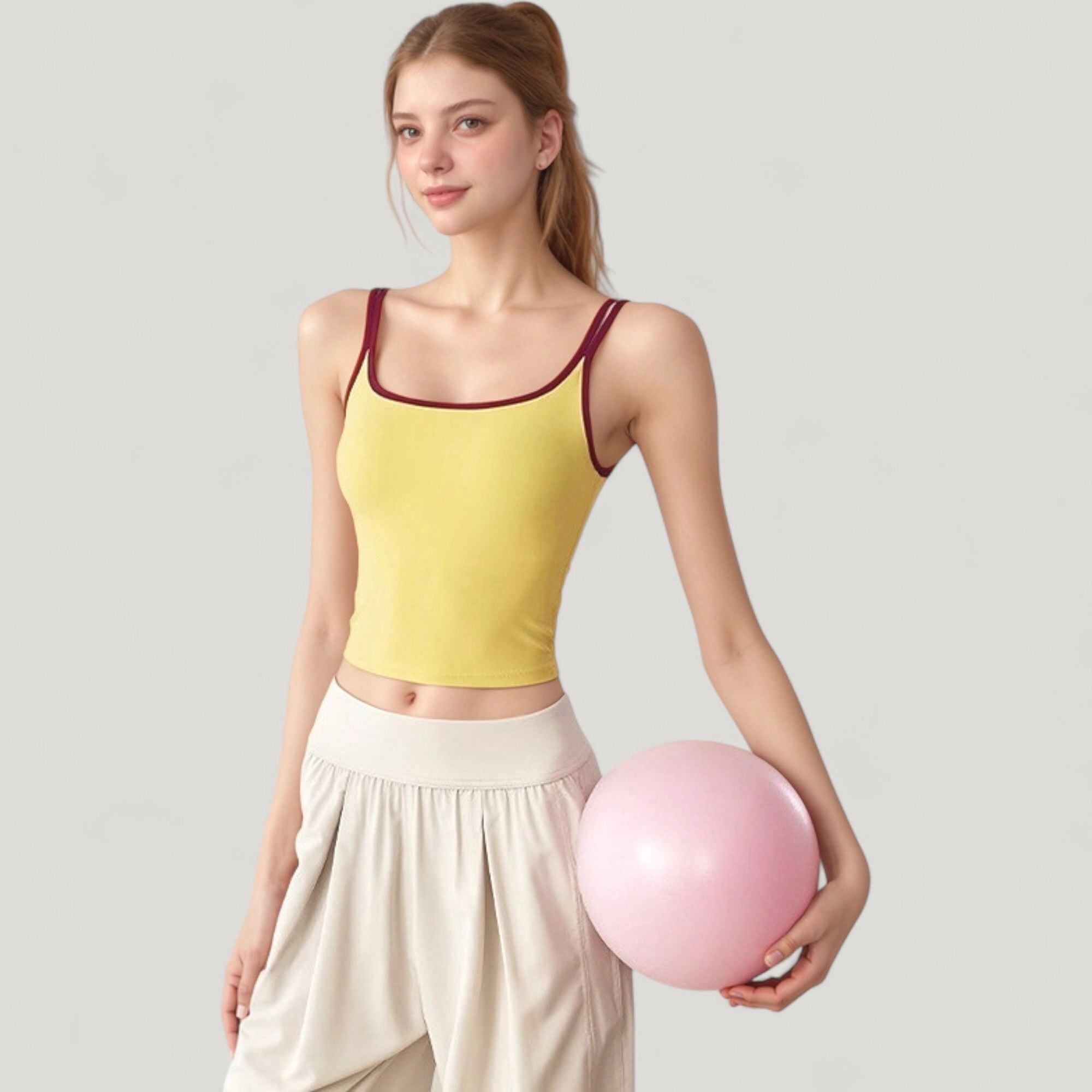 Anna-Kaci Women's Square Neck Contrast Trim Cropped Active Tank Top