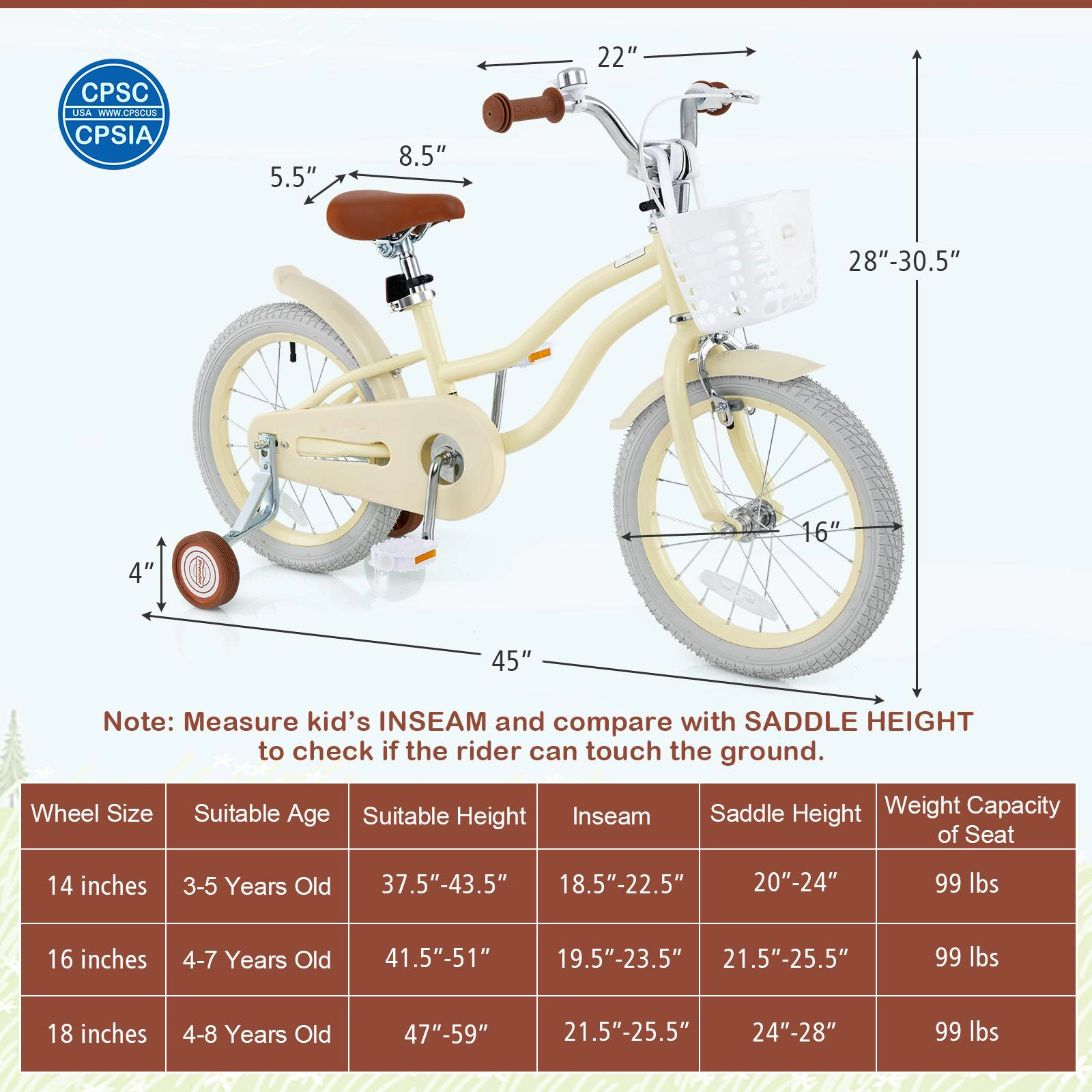SUGIFT Beige Training Wheels Removable Storage Basket and Adjustable Seat Kids Bike