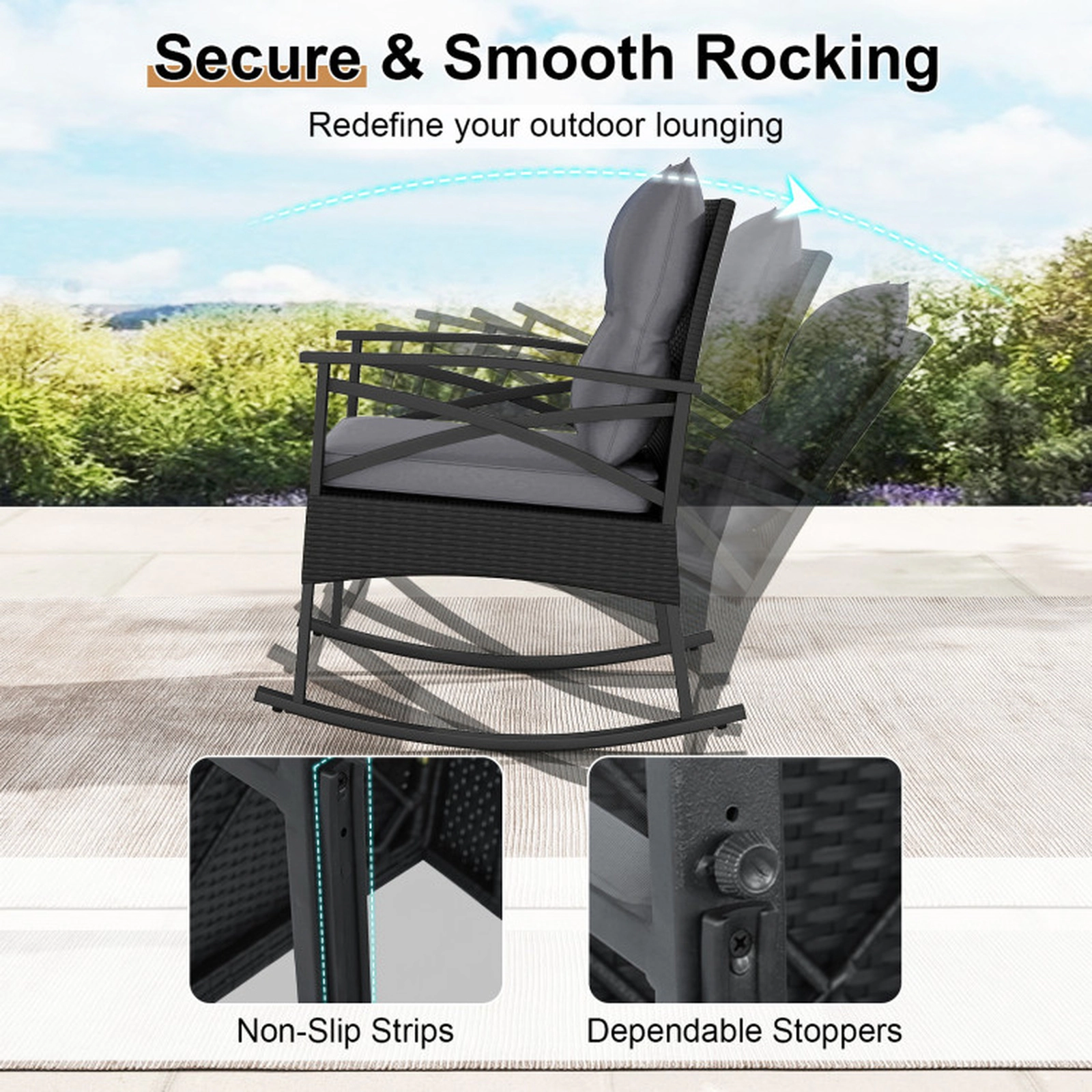 SUGIFT 3-Piece Outdoor Rattan Rocking Conversation Set Rocking Chairs & 2-Tier Side Table 400-lb Chair Capacity Black