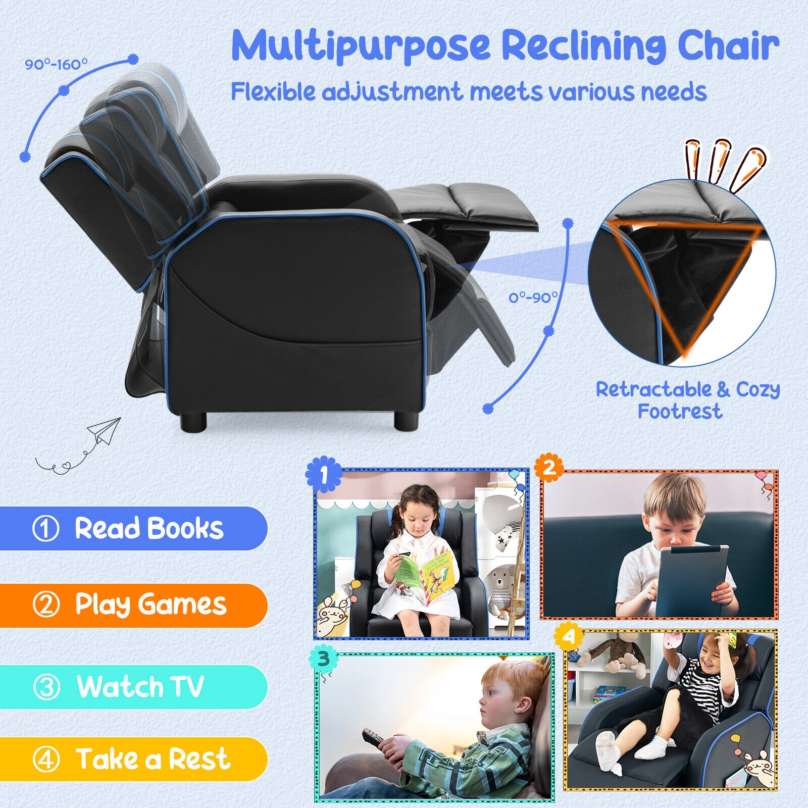 SUGIFT High-Density Sponge Kids Recliner Chair with Side Pockets and Footrest 110-lb Capacity Ages 3-12 Blue