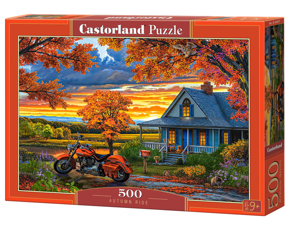CASTORLAND 500 Piece Jigsaw Puzzles, Autumn Ride, Motorcycle and a sky ablaze with sunset colors, Americana, B-54077