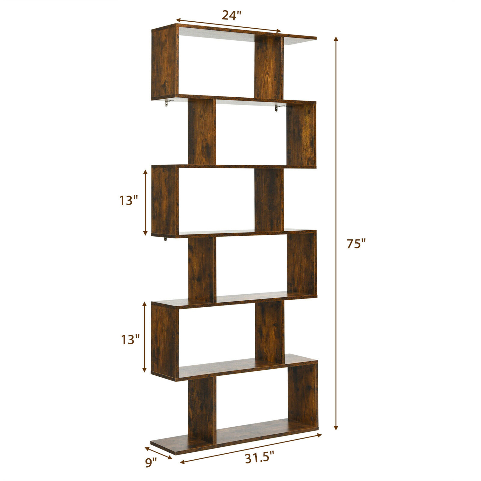 Costway 6 Tier S-Shaped Bookshelf Storage Display Bookcase Decor Z-Shelf Coffee