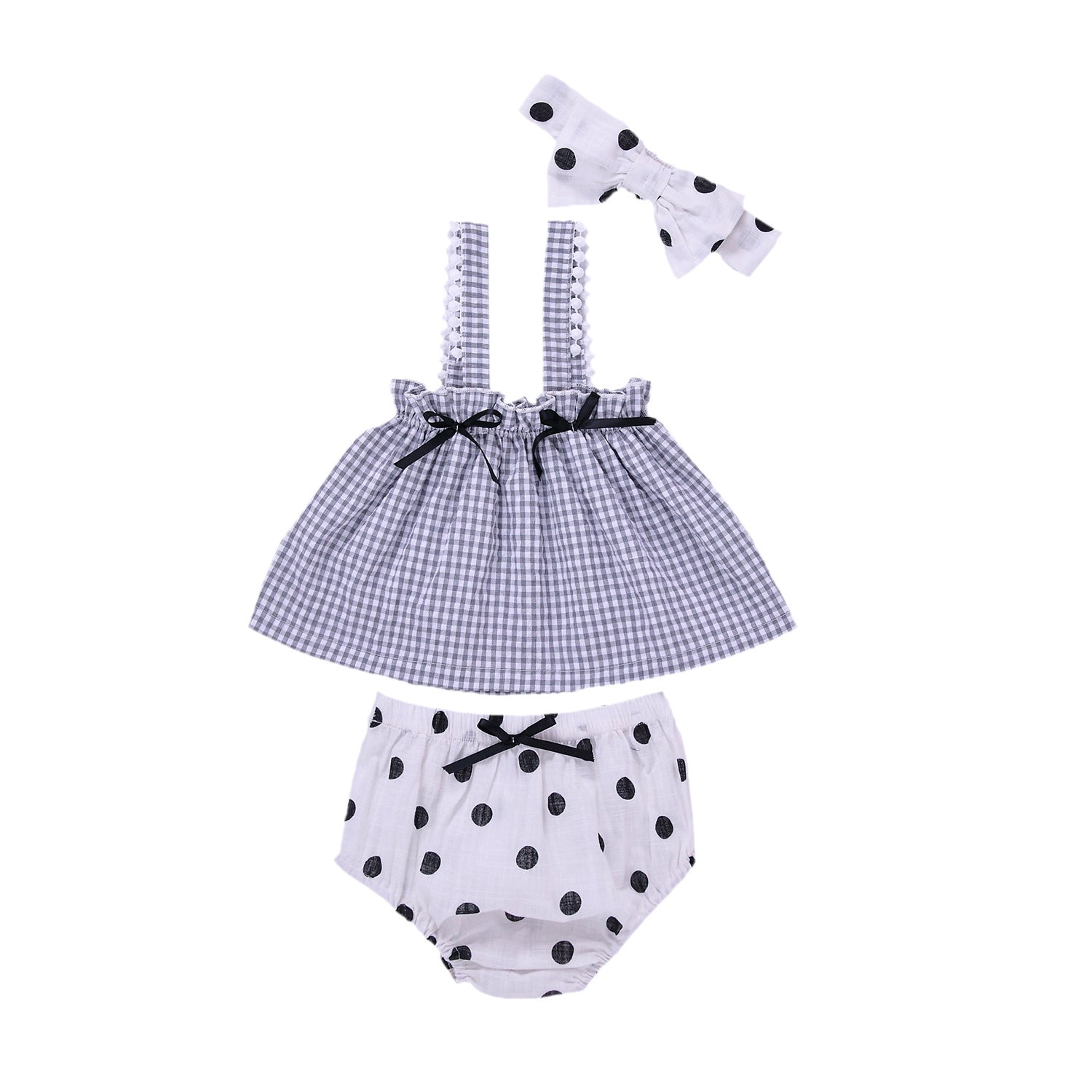 MyKids-USA Baby Girl Plaid Pattern Sling Tops Combo Polka Dot Shorts With Handband Sets