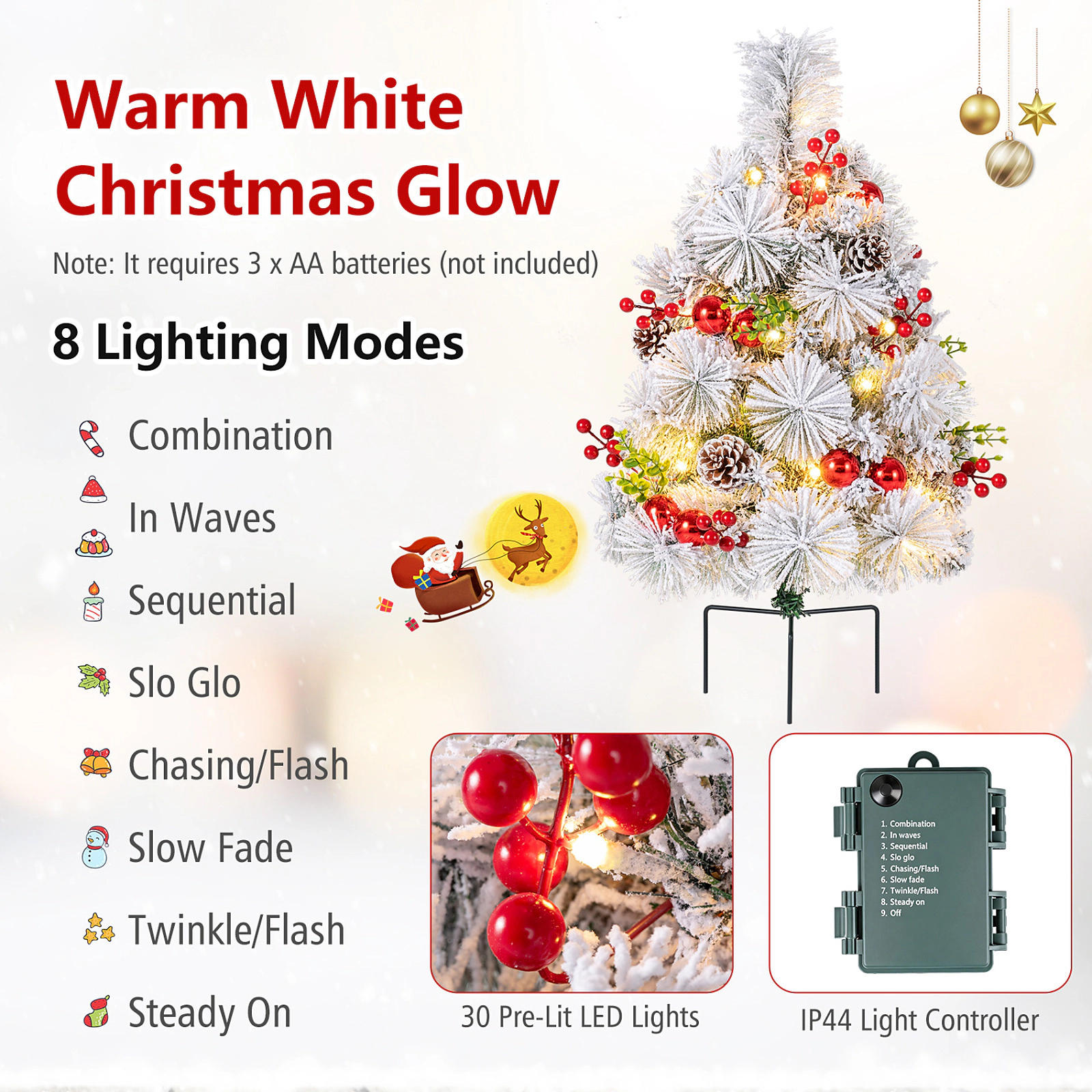 SUGIFT Set of 2 2-ft Pre-Lit Flocked Pathway Christmas Trees Battery Powered with 30 LED Lights and 8 Modes Green