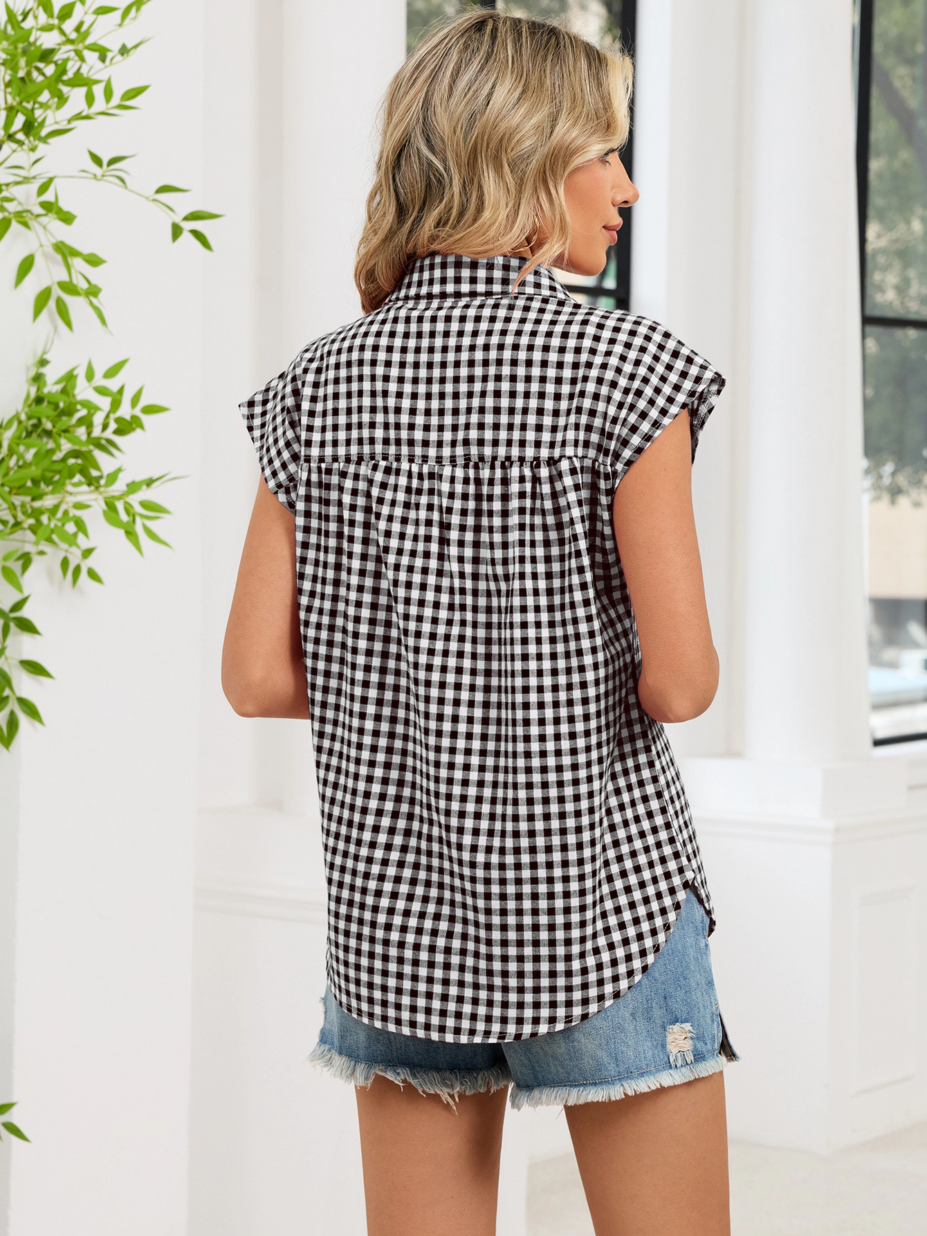 Enchanted Funland Womens Collared Gingham Plaid Cap Sleeve Casual Shirts