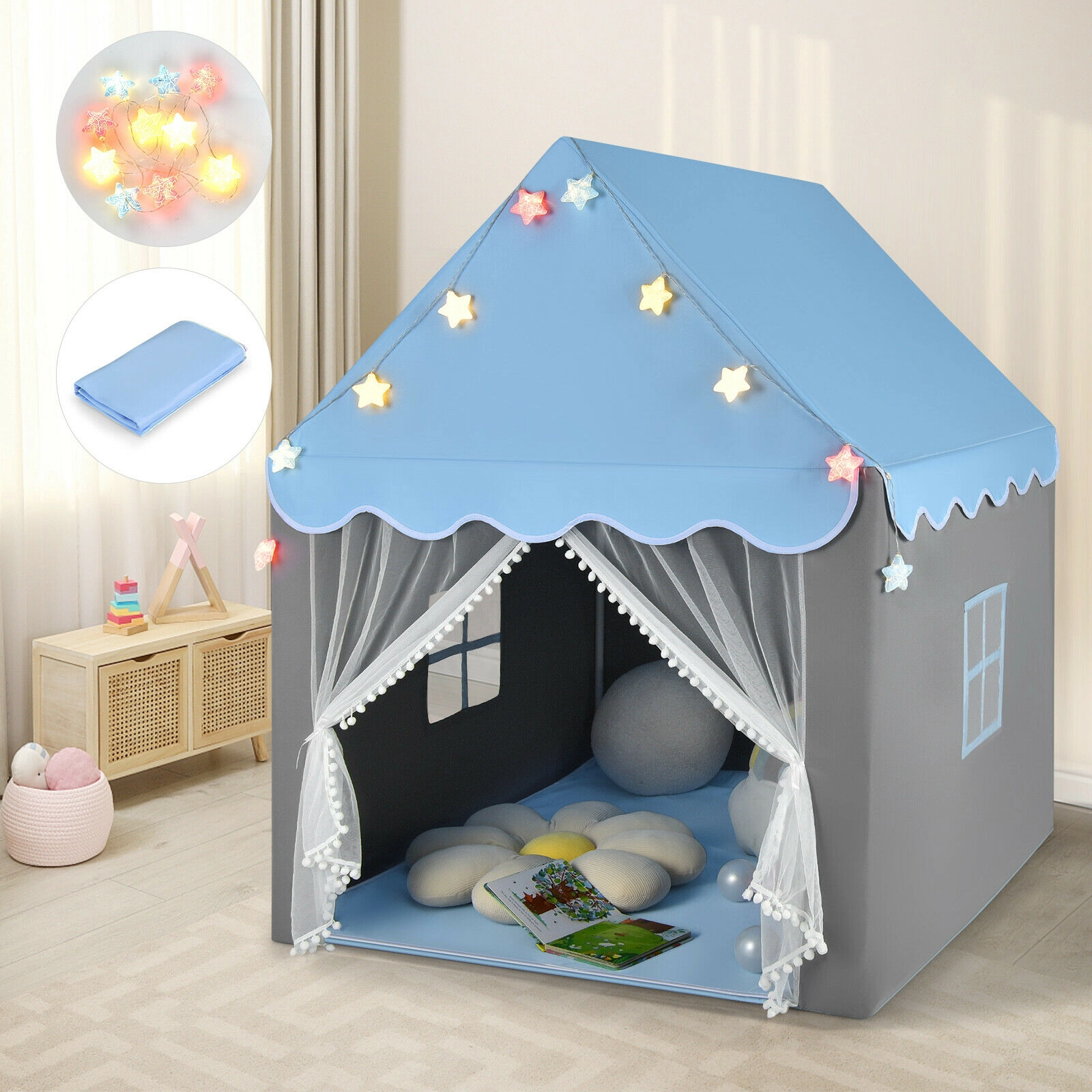 SUGIFT Kids Playhouse Tent with Colorful Star Lights and Cotton Mat Mesh Windows Blue
