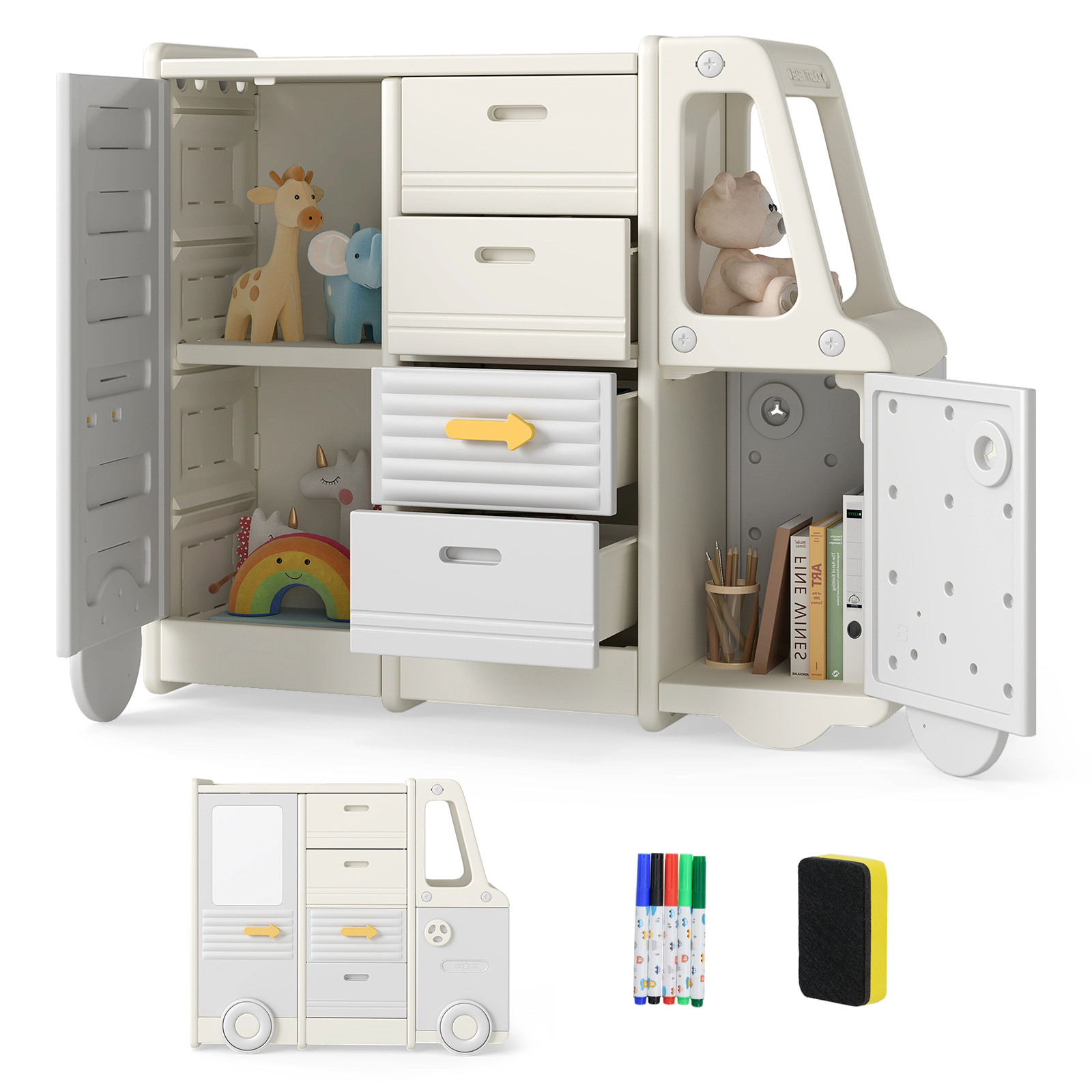 SUGIFT Gray 180-lb Capacity Bus-Shaped Kids Toy Storage Organizer Cabinet with 4 Pull-Out Drawers and Whiteboard