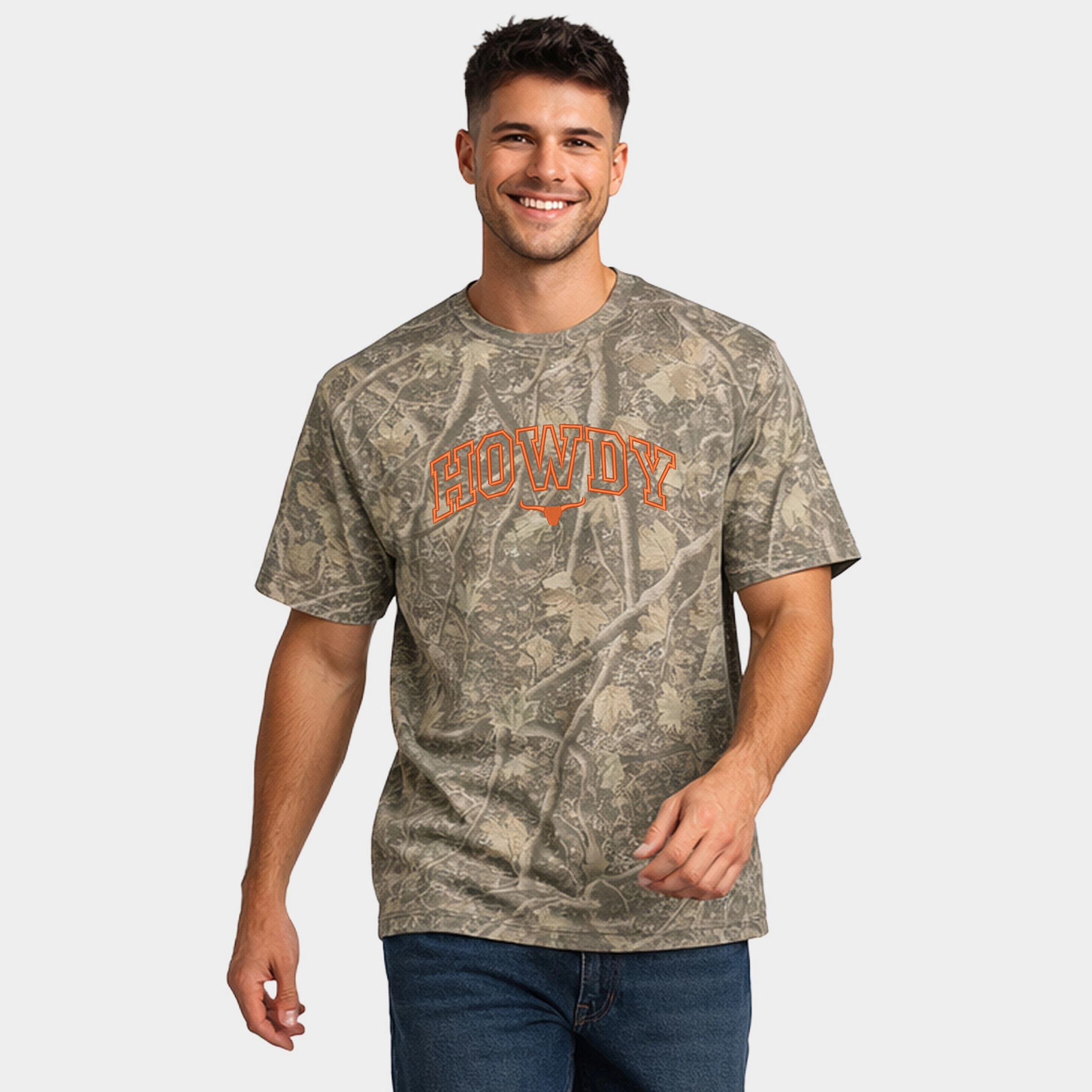 Simply Sage Market - Men's Heavyweight Camo Tee Embroidered Howdy Bull Varsity