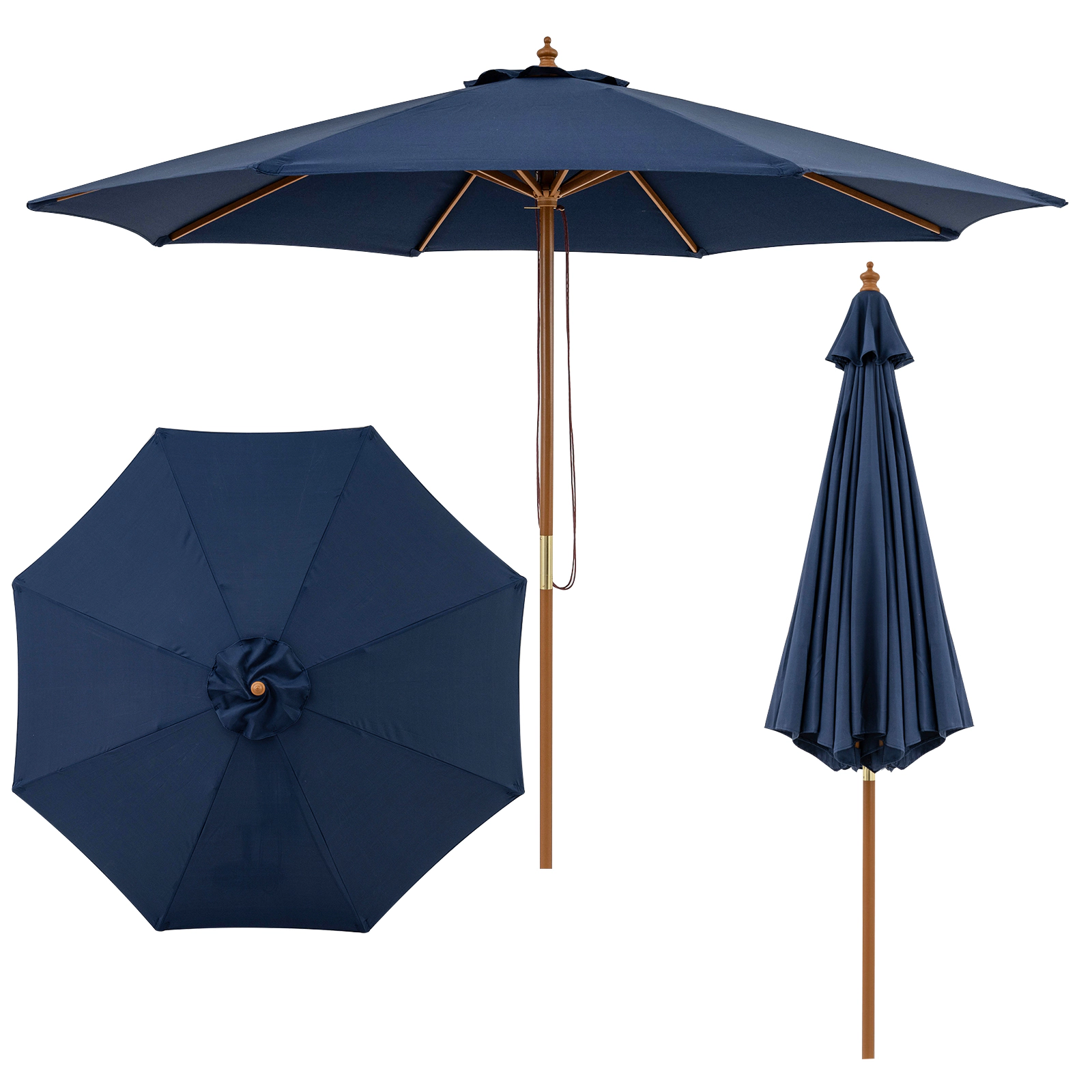 SUGIFT 9-ft Patio Market Umbrella 8 Bamboo Ribs 9-ft Canopy 1.5-in Pole Outdoor Table Umbrella Navy Natural 2-Piece Set