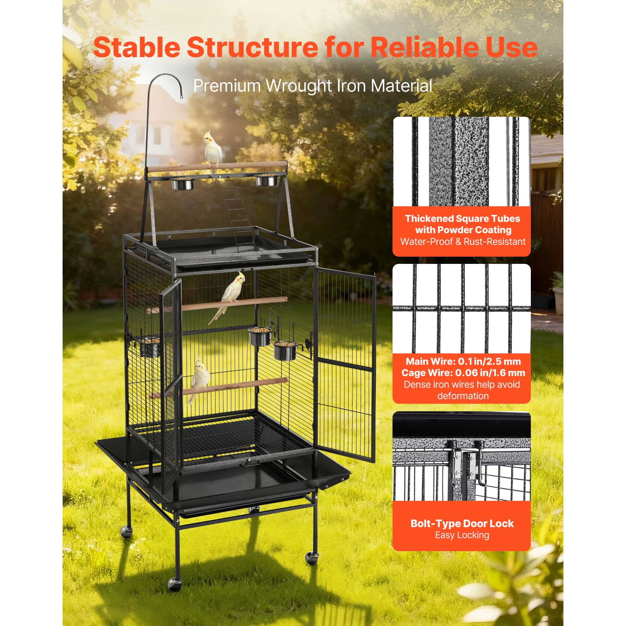 HONGGE Wrought Iron Bird Flight Cage, 32.7"L x 31.1"W x 82.7"H, Open-Top Design with Rolling Casters & Slide-Out Tray
