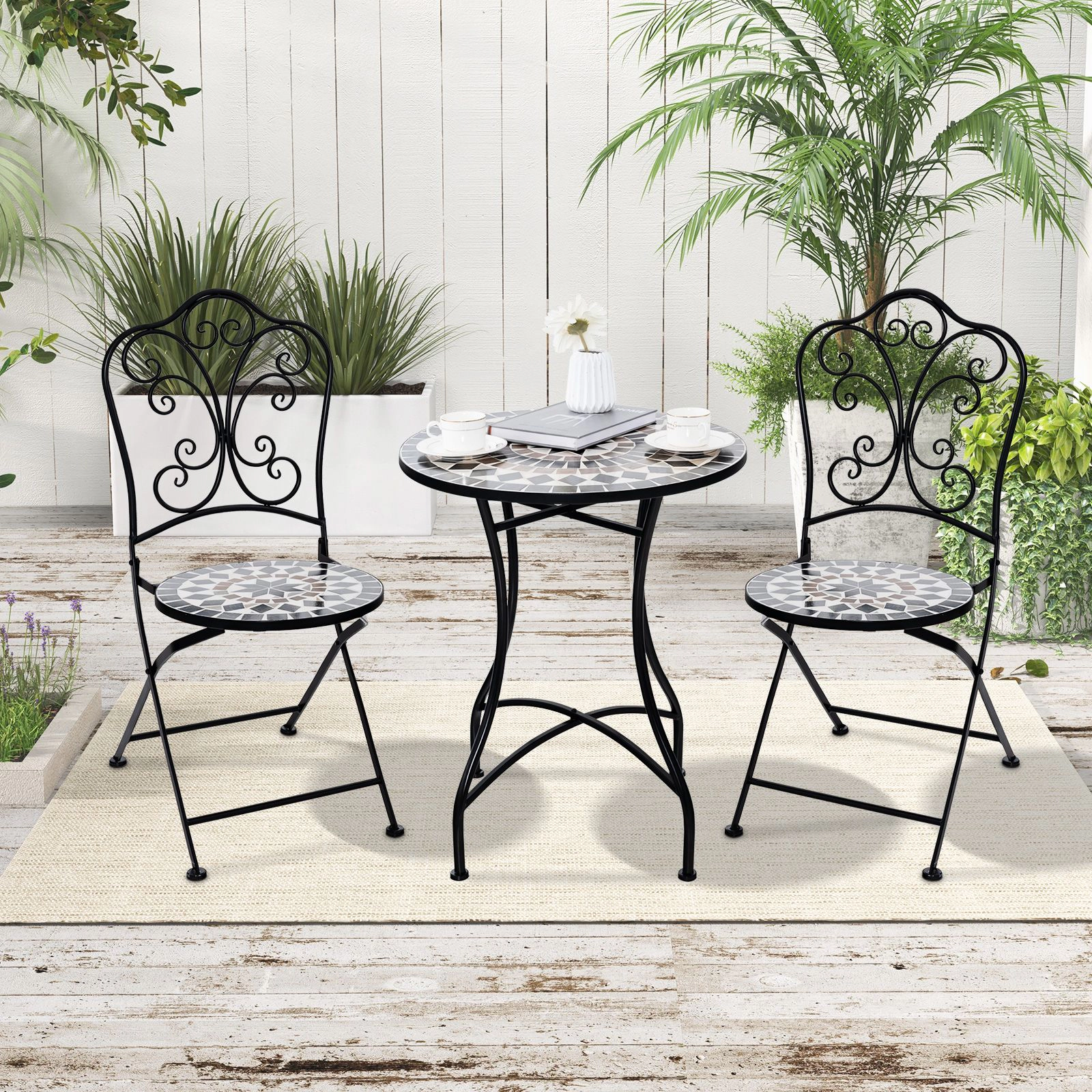 SlickBlue 24 Inch Round Mosaic Patio Table with Metal X-Frame