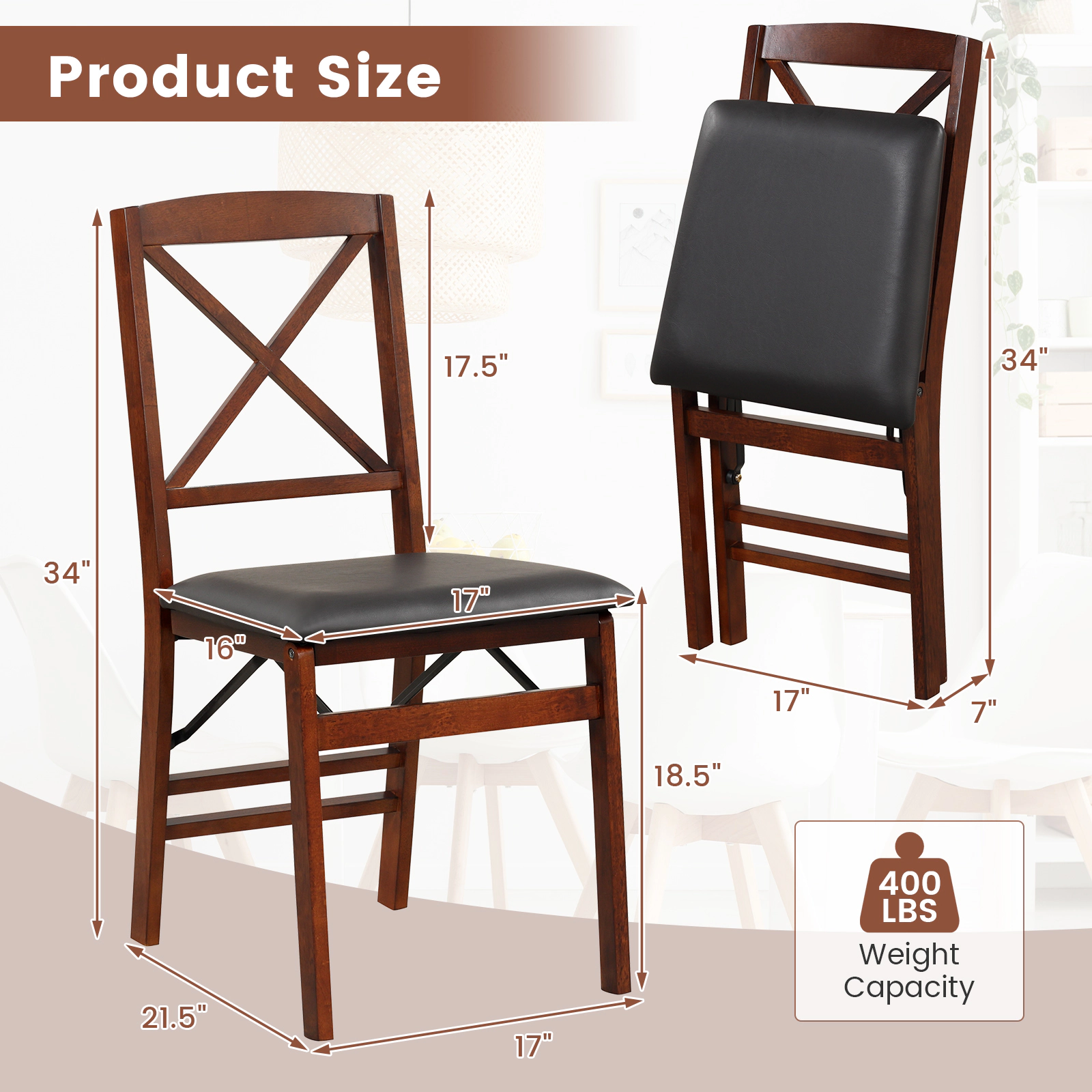 LJG Set of 2 Folding Dining Chairs with 400 LBS Capacity