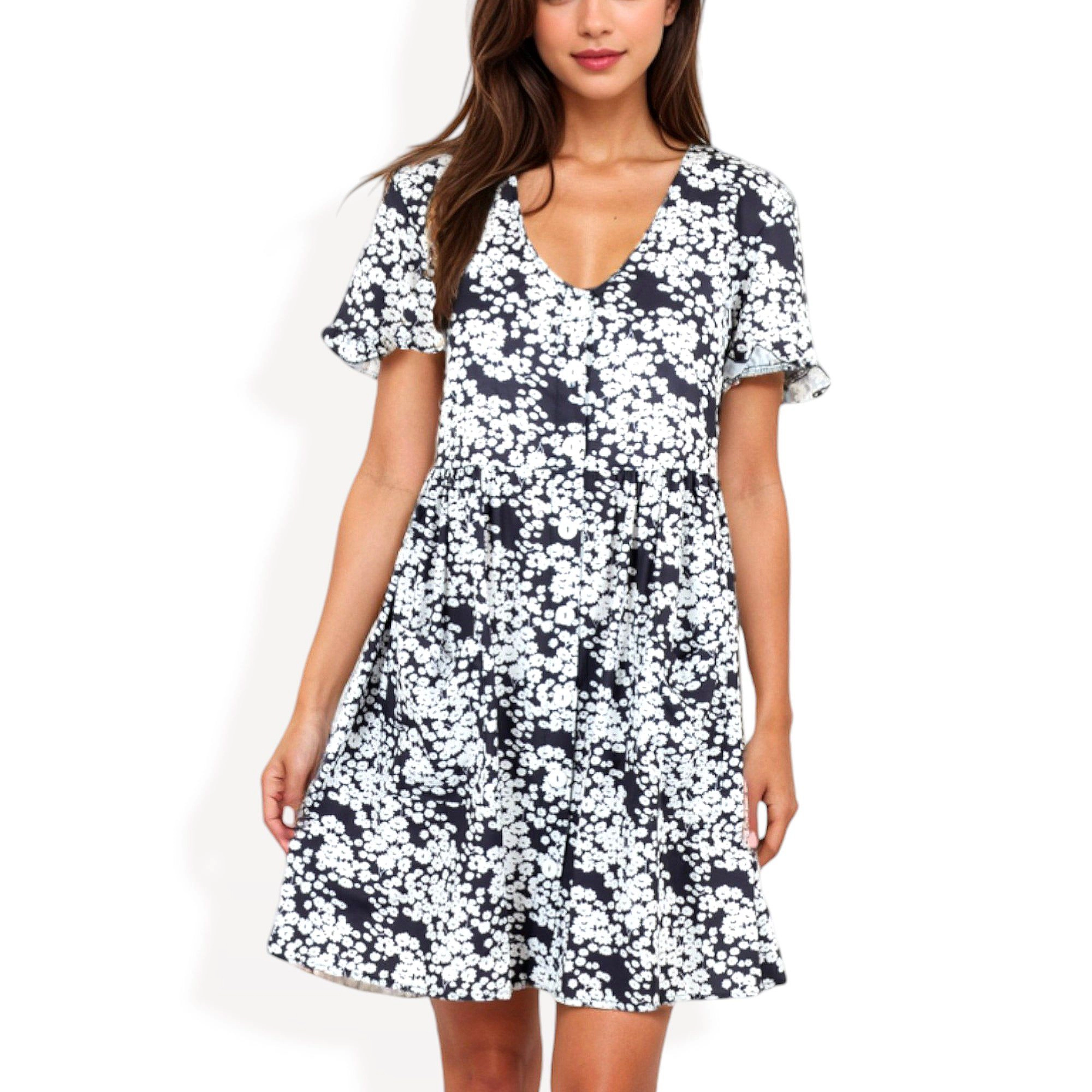 Anna-Kaci Women's V Neck Floral Print Babydoll Button Front Dress