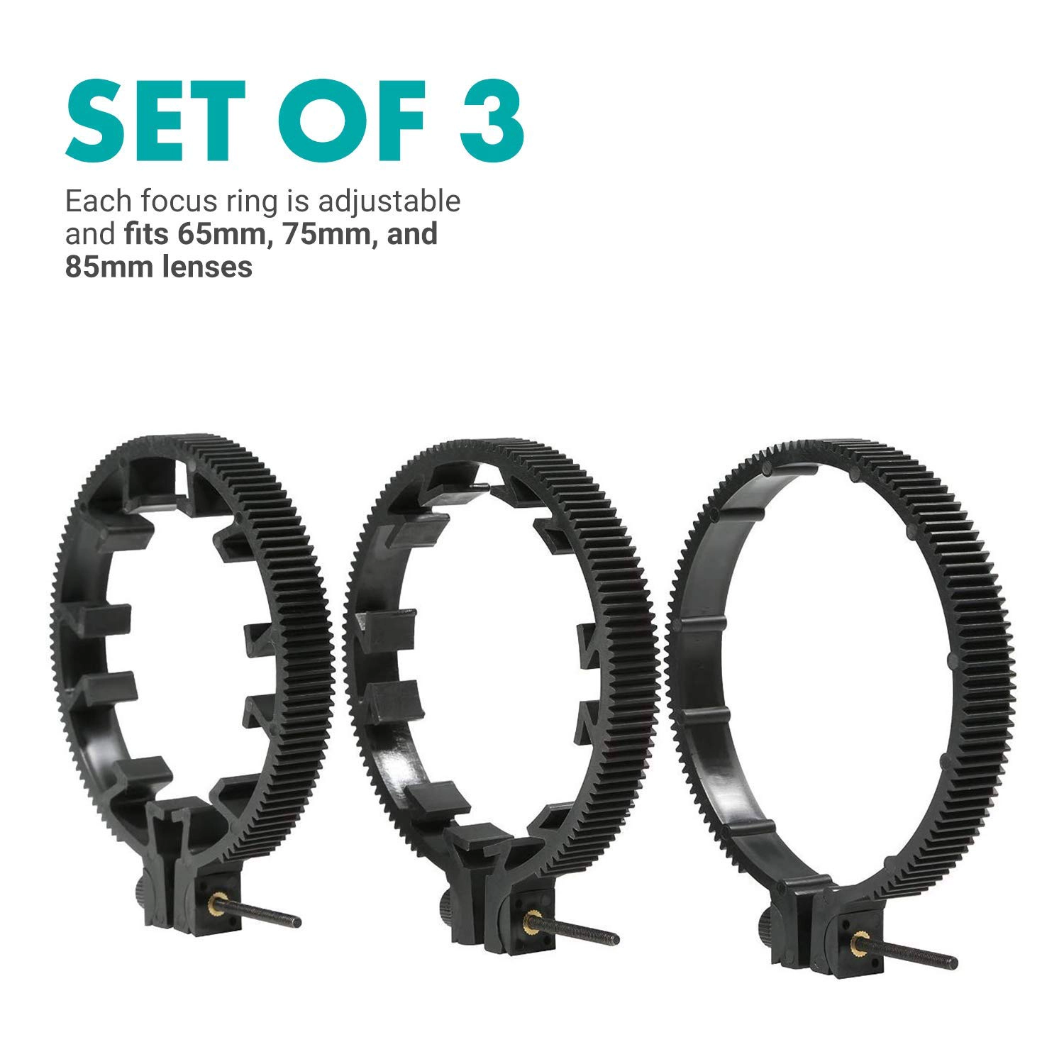 Movo FR3 Adjustable 3-Piece Follow Focus Ring Gear Set - Includes 65mm 75mm and 85mm Lens Rings