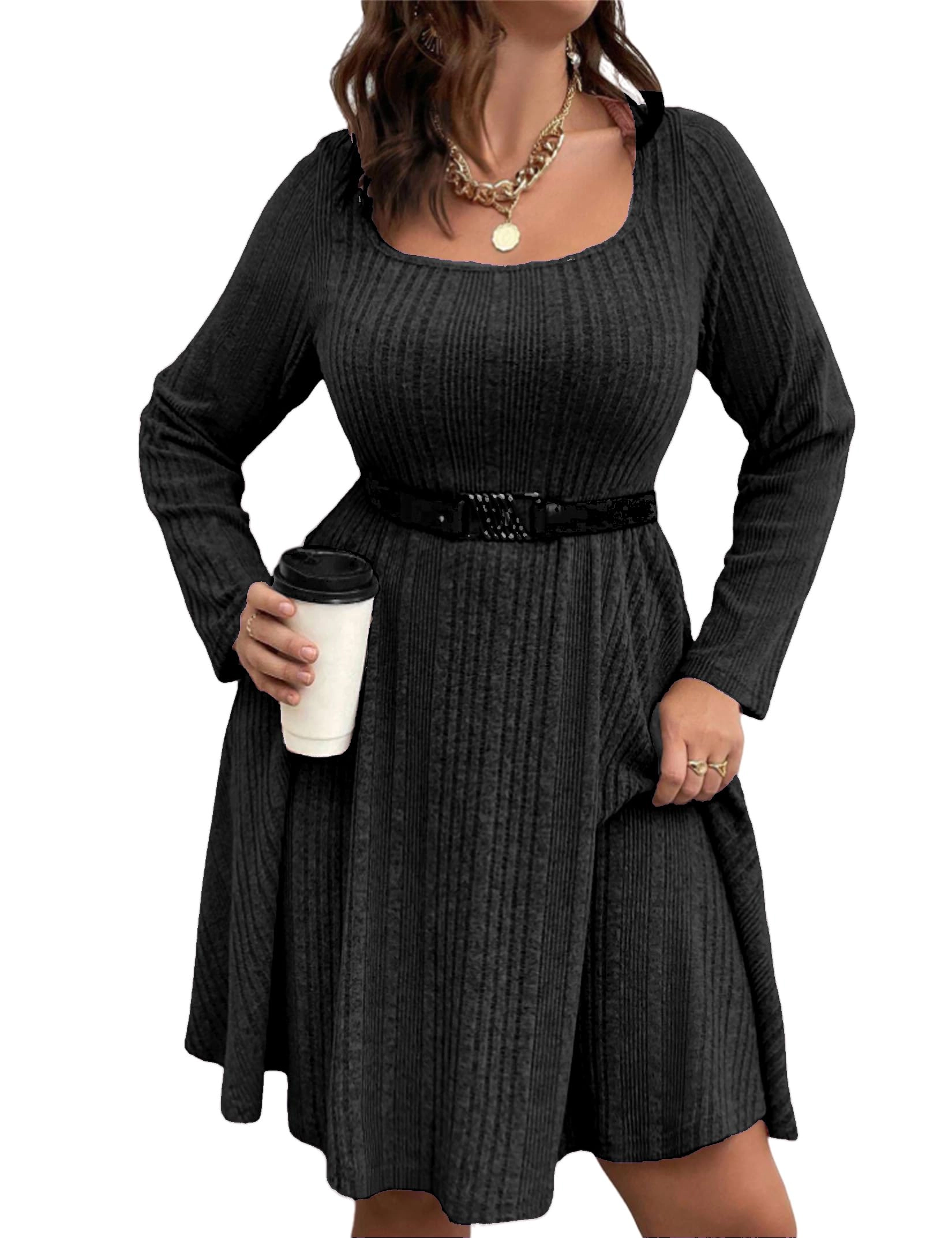 KOJOOIN Womens Plus Knit Dress Square Neck Swing Midi Curvy Textured Elegant A‑Line Dresses